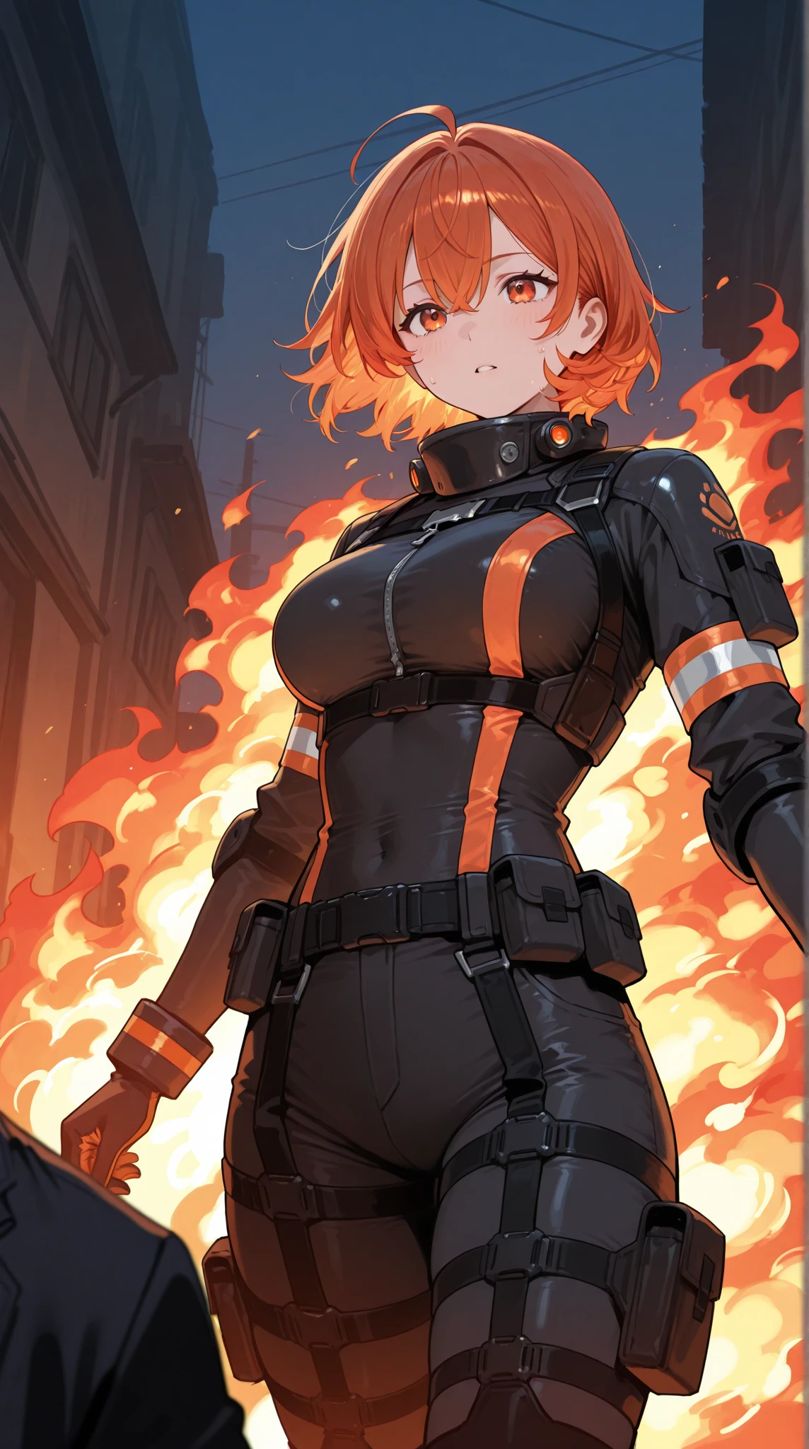 1girl,solo,super detailed skin,shiny skin,wet skin,expressionless ,open mouth,Clenching teeth,eyelashes,lips gloss,red hair,bob hair,short hair ,large breasts ,bodysuit ,ninja clothes,boots,fire punch,night ruins,masterpiece,best quality,ultra detailed,high resolution,sharp focus,depth of field