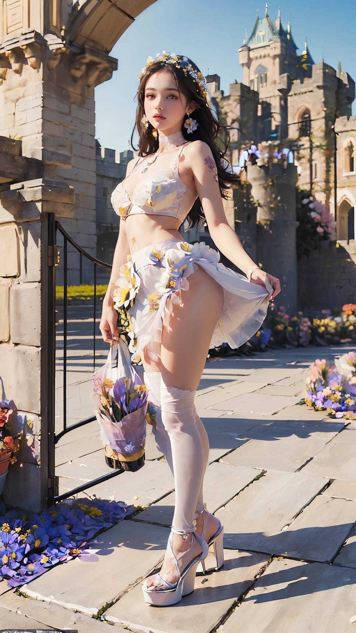 A girl wearing blue angel wings, sunlight shining on her face, eyes looking straight ahead, tulips in her hair, skin as white as a peeled egg, long black hair in pigtails, and a pair of breasts. seductive and covered with a purple bra, wearing a purple maid outfit, surrounded by a green lawn and grazing cows