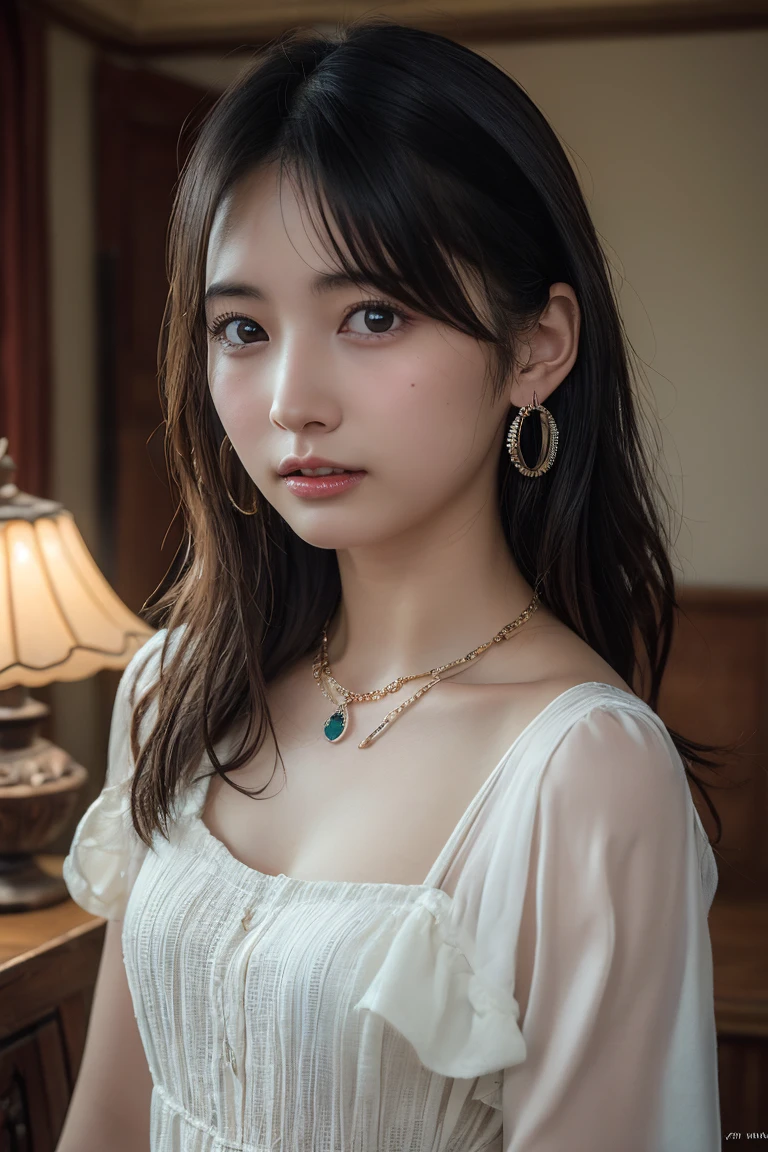 (Highest quality:1.4)，(masterpiece:1.4)，(Realistic:1.4)，(Realistic:1.2)，(超High resolution， RAW Photos:1.4)，(High resolution， Very detailed:1.2)，(8k:1.2)，View your audience，Cinematography，One Girl，skeletally correct，Black-haired woman，Woman in her early 20s，(Small earrings，necklace，Metallic Dresses)，（Inside the Western-style building，Dimly lit room，The lamplight shines on my cheeks）