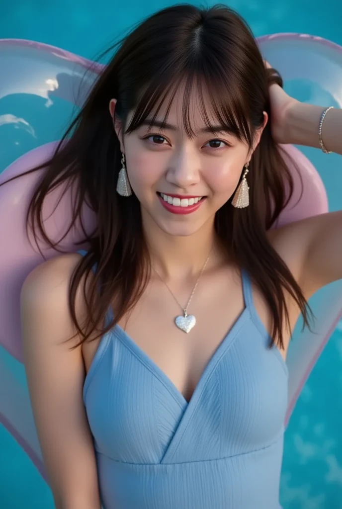 (Highly detailed body、Highly detailed face、highest quality:1.2)、woman、Looking at the audience、(Marbling print bikini、cute、16 years old、Laughter)、(Lots of colorful balloons in the background:1.4)