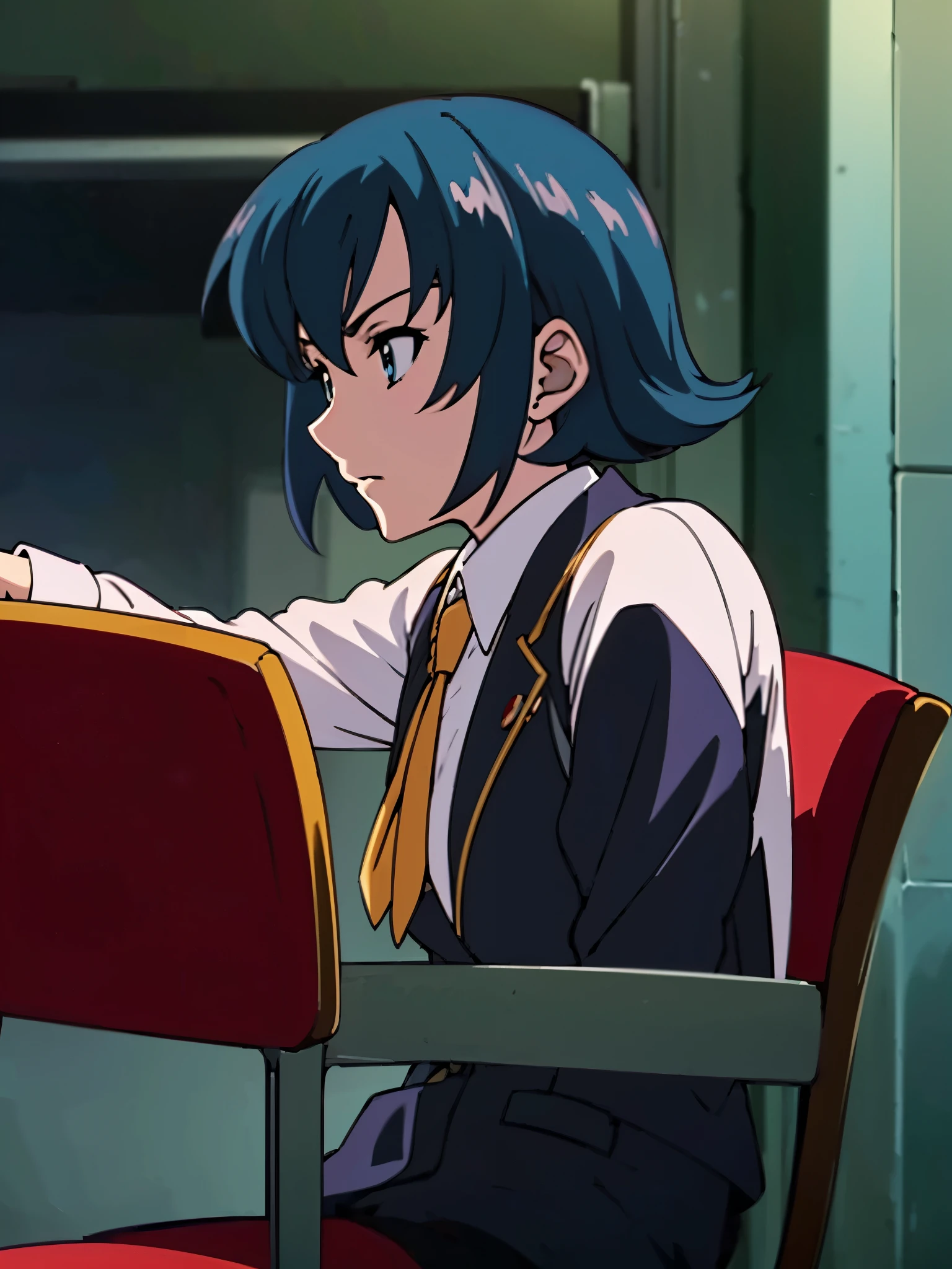 in room, anime style, 8k, masterpiece, ultra high res, from side, focus upper body, medium bob hair, flip out hair, marine blue hair, break wearing school uniform, black blazer, break red tie, sitting chair,