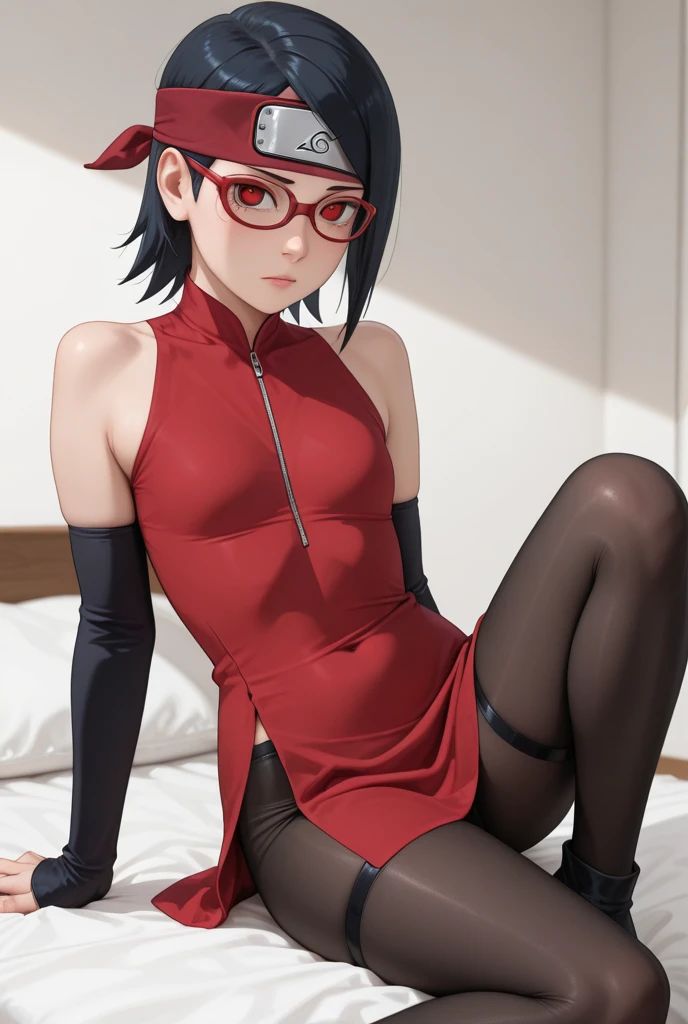Sarada uchiha, 1 girl, glasses, short black hair, Sarada uchiha, masterpiece,best quality,official art,extremely detailed CG unity 8k wallpaper, ((top quality, 8k, masterpiece: 1.3, ultra hd, high quality, best quality, high definition, realism)), sharp focus: 1.5, pornographic exposure, 1 girl, solo, (Very detailed CG unity 8K wallpaper), Dark Cinematic Lighting, Glossy skin, shinny skin, Beautiful girl with tiny small body, slim waist, small breast, nipples, Areola nipples, Nipples bulge, Armpit, red eye color, red frame eyeglasses, Konoha emblem iron headband, Seductive, Open legs, spread legs, The whole body wet Sweat, The pubic shape clearly visible, White fluid around the pubic, pubic hair, bulge pubic shape, her vagina is clearly visible, big and long penis pressed into her vagina, Big and long penis pressed her vagina, sex pose on the bed.