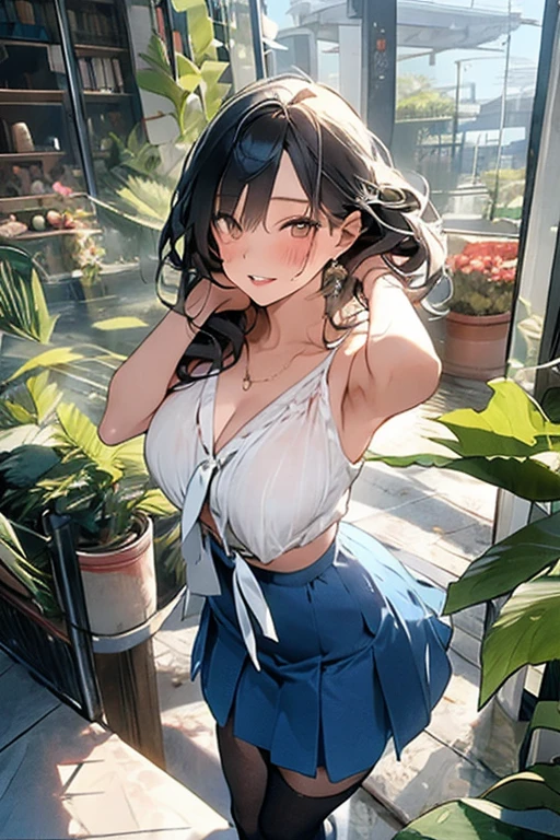 8K、Masterpiece、Water soluble clothes、Sheer bra、detailed frills、pleatedskirt、wet:1.6, goddes posture, standing, squeezing her chest herself, leaning her head slightly、Moonlit Poolside、Smiling、dripping water candy:1.8