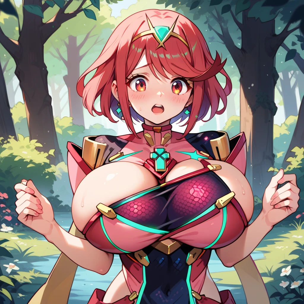 score_9, score_8_up, score_7_up, score_6_up, 1girl,1 man, takeda hiromitsu style,1girl, 35 yo, milf, mature woman, huge breasts, saggy breast, She wears a long fur cloak, and her neck and arms are covered in fur-lined green leather. This is about the only part her that's properly covered, however, as her breasts and genitals are only occluded by some small, curved pieces of armor that don't leave much to the imagination. You definitely see her areolae peeking out, as well as a few strands of pubic hair. long hair, red hair, ponytail, huge breasts, outdoors, lewd expression, heart-shaped eyes, beautifuls lips, lisptick,horny girl, 1 strong male grabb her ass from behind, interracial, black male with her,NTR, outdoor, in a forest, detailed background, front view,