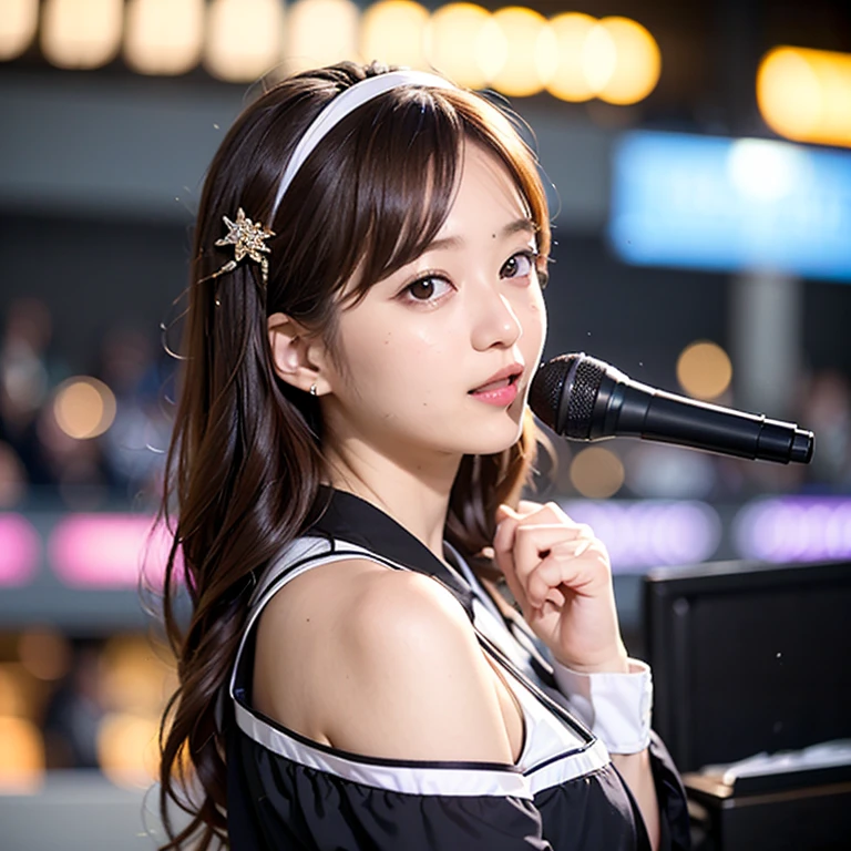 White base with purple-red sailor suit、tulle skirt、23 years old, Performing on an empty stage, concert photos, cute core、(bob hair)、(((watching the audience)))、ribbon on head、(Natural and detailed face standing、beautiful and detailed eyes、beautiful and dense lips、very detailed eyes、detailed face、long eyelashes)(8K resolution)、High resolution、masterpiece:1.2 )、Super detailed、(real、photorealistic、photorealistic: 1.37)、8K、fantastic lighting、bright colors、standing position