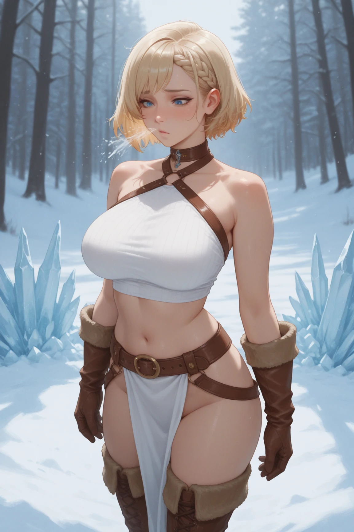 masterpiece, best quality, (full body shot,,moon),Masterpiece, 1girl, solo exhibition, beautiful woman, , beautiful goddess girl, beautiful and detailed face, porcelain skin, (((bust shot, center, blonde hair, short hair)), super soft lighting, symmetry, complexity, elegance, high detail, realism, art, concept art, Nordic female warrior, amazing body, athletic, curvy, fur armor, snowy scenery, outdoor Nordic background,