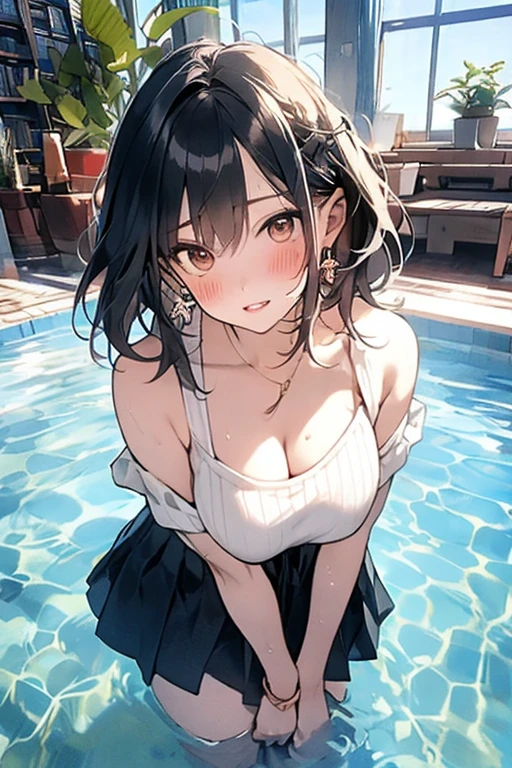 4K、masterpiece、hight resolution、absurderes、Natural Volumetric Lighting And Best Shadows、Deep Depth Of Field、foco nítido、soft delicate beautiful attractive face、Cute girl anime appearance、(((1 man and 1 girl,、Having sex)))、medium breasts with cleavage,、 (Wet maid clothes)、looking at away、Drooling、(Spread legs、Thigh Focus)、(nose blush、Naughty)、In the city、 One man is lying on the ground、Shot from below