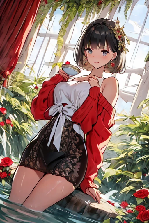 (((Masterpiece))),(((Super Detail))),(((in 8K))),(((best composition))),(((Rim lighting,Fireglow effect,deep shadow))),solo,(Hatsune Miku:1.0),Beautiful fingers,Detailed finger features,(Detailed hair features:1.7),(Dynamic and sexy bending pose:1.3),detailed facial features,detailed clothes features, (perky chest:1.1), (pointed chest:1.3), delicate beautiful face, Bright blue eyes, cute eyes, sparkling eyes, Big eyes, beautiful detailed eyes,double bun with glittering hair ornament,(super detailed glossy skin:1.3),slender body,tits,goddess smile,((with sparkling eyes and a contagious smile)),beautiful posture,have a cup of coffee,black hair, red eyes, dress, bare shoulders, jewelry, collarbone, sidelocks, hairband, earrings, indoors, off shoulder, sweater, arms behind back, plant, short hair with long locks, white hairband, off-shoulder dress, sweater dress, off-shoulder sweater, red sweater, big side hair, very long side hair,(super delicate floral pattern:1.2),seductive cleavage:1.3,beautiful glossy legs,shiny red high heels,lifting dishes with cakesd,french restaurant,hustle and bustle,rising steam,(((depth of fields)))
