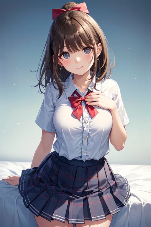 masterpiece, highest quality, One Girl, Thighs, beautiful girl, Flowers, たくさんの小さなflowerびら, flower、Small waist, RAWphotograph,Bright lighting、Face Light, Ultra-realistic, High resolution, photograph, Sharp focus, Highly detailed eyes and face,Symmetrical face, whole body、Large Breasts、Long Hair、チラリと見えるThighs、Emphasized cleavage、Red mini skirt、White high heels、White lace shirt、Brown cardigan、Big red ribbon、White sneakers、Red School Bag、Shooting from below