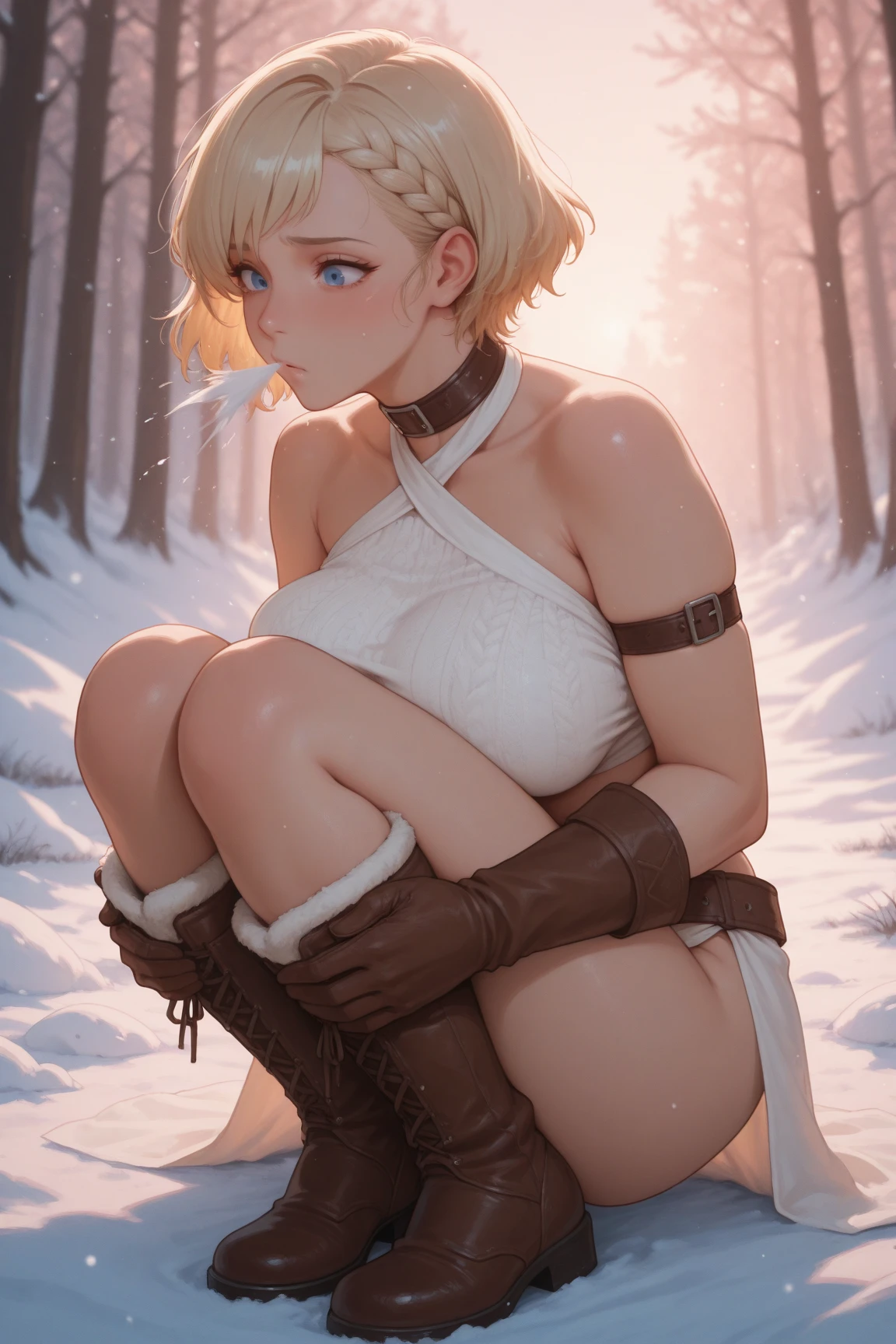 low angle shot、From below、Shot from below、Looking up from below in cowgirl position、The nipple is visible、Colossal tits、No panties、Camisole-wearing、toppless、no-bra、No panties、sensual breasts、2 Type B、Nier:2b、shairband、Hi-Res、Shaded face、short-hair、独奏、Blue eyes、Snow field at sunset、in snow、A slight smil、Ash gray hair、long boots