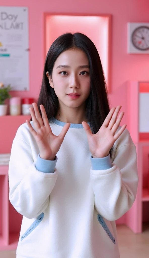 Beauty girl 15 years old, cute face, ((pink shirt, turtleneck, pink long skirt)), (highly detailed face and skin, perfect face and body, medium breast, smile), masterpiece, (best quality)