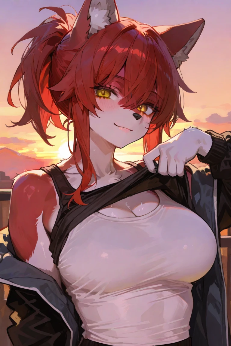 (8k, 4k, Masterpiece, Ultra quality, Ultra detail, HDR, Anime, Brighter colors), (1girl, Kitsune ears, Cherry-red hair, medium hair, Bangs over one eye, Tied hair, Blush, Lustful look, Heart pupils, smiling, heavy breath, breasts, (Sport bra, Highleg panty, thigh-highs), Standing , Hands behind back