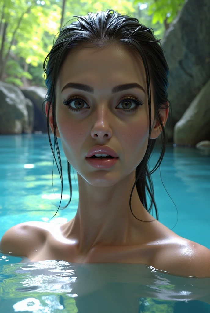 Night scene, close-up photo of lovely girl in thong, small breasts, bathing near the waterfall, body soaked in water, lean cheeks, wet hair, chin up, seductive face, no bra, stones, pure water, cleavage show, water on the body, realistic pores on the body, look up at the sky and smile, black ponytail hair, (blue eyes: 0.8), beautiful adult face, 20 yo, soft volumetric lights, (backlit: 1.3), (cinematic: 1.3), intricate details, (ArtStation: 1.2)