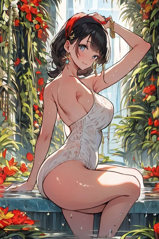masterpiece, best quality, ultra-detailed, illustration, detailed light, happy, blush, Highlights hair, beautiful detailed body, detailed sparkling eyes, 1girl looking back, ((orange)) deep-v one-piece swimsuit, her hip, full view of buttocks, showing buttocks, bare thighs, tan skin, in flower garden, smile, Takarada Rikka, glasses, black hair,
