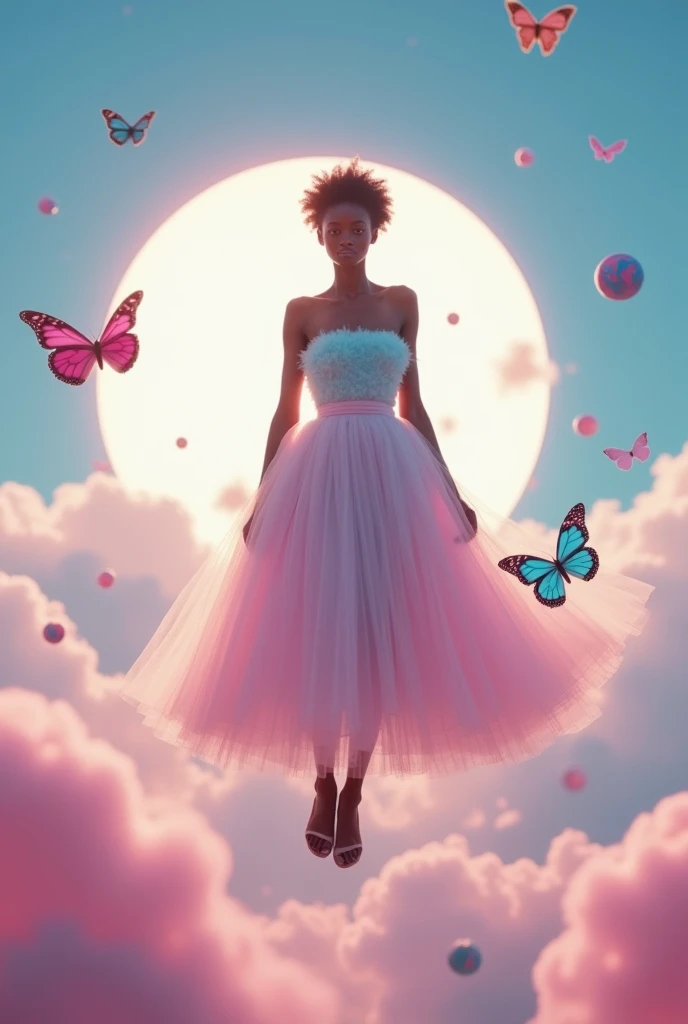 aerial point of view shot of a Black woman dressed in pink dress and floating above pink rose garden, blowing 3d bubbles through a tube straight at the camera, vibrant and beautiful colours, 32k, ultra HD, unreal engine rendered, cinematic lighting,