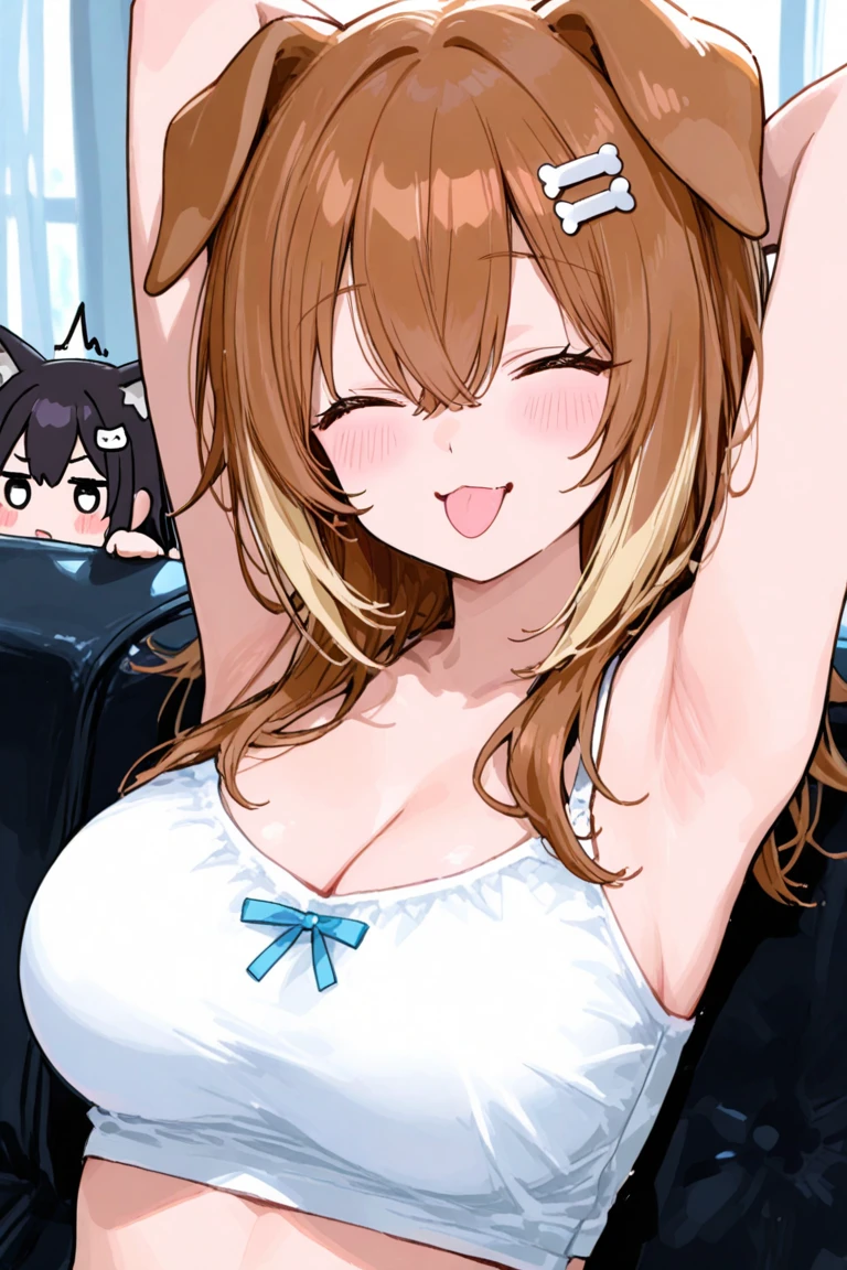 Sexy and cute woman, brown bangs, seductive gaze, blushing intensely, smiling, parted lips, oversized sweater, bare shoulders