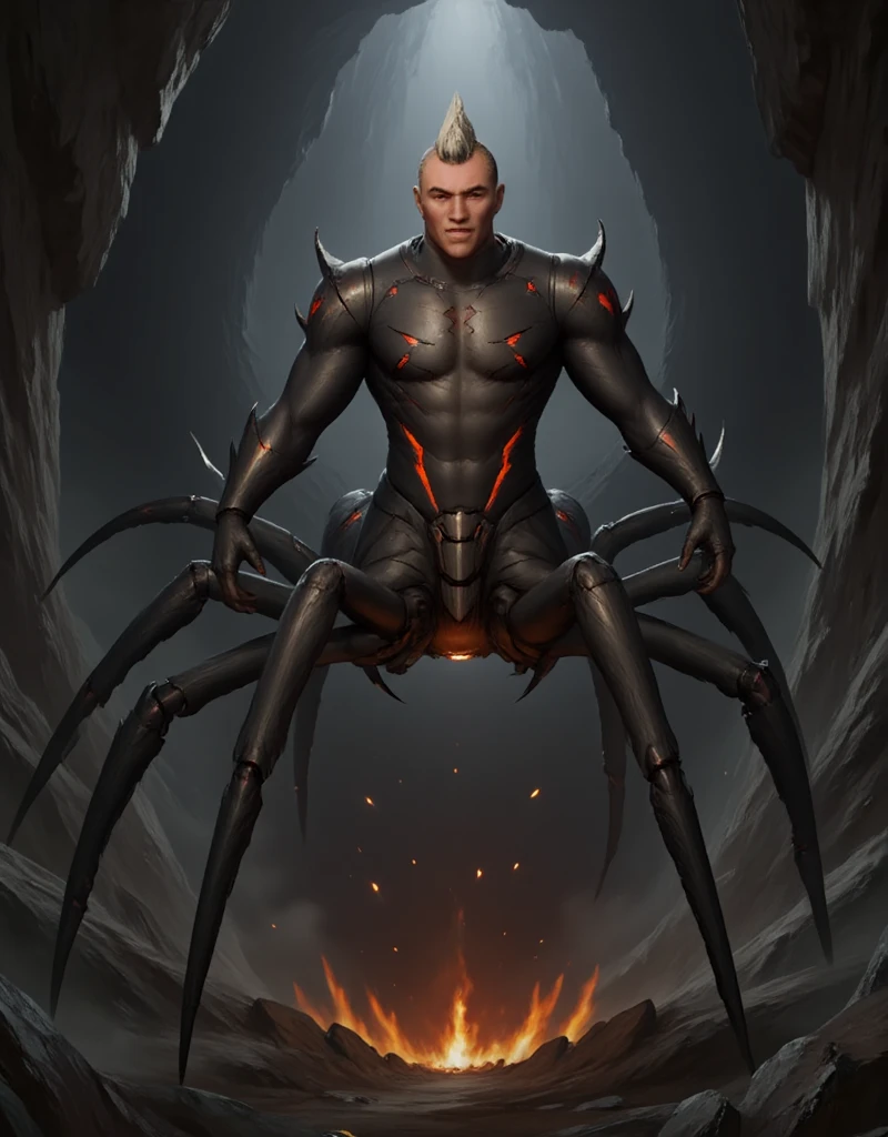 <lora:4r4chn1dPony:0.65>, score_9, score_8_up, score_7_up, score_6_up, score_5_up, score_4_up, closeup of 4r4chn1d, fantasy concept art, digital art, oil painting, realistic, detailed face, solo, arachnid, man desktop wallpaper, official_wallpaper, atmospheric, warrior, (evil:0.6), combat stance, holding a weapon, natural blonde hair, Inuit skin, Flowing Locks, in location warehouse, (Masterpiece:1.3) (best quality:1.2) (high quality:1.1)