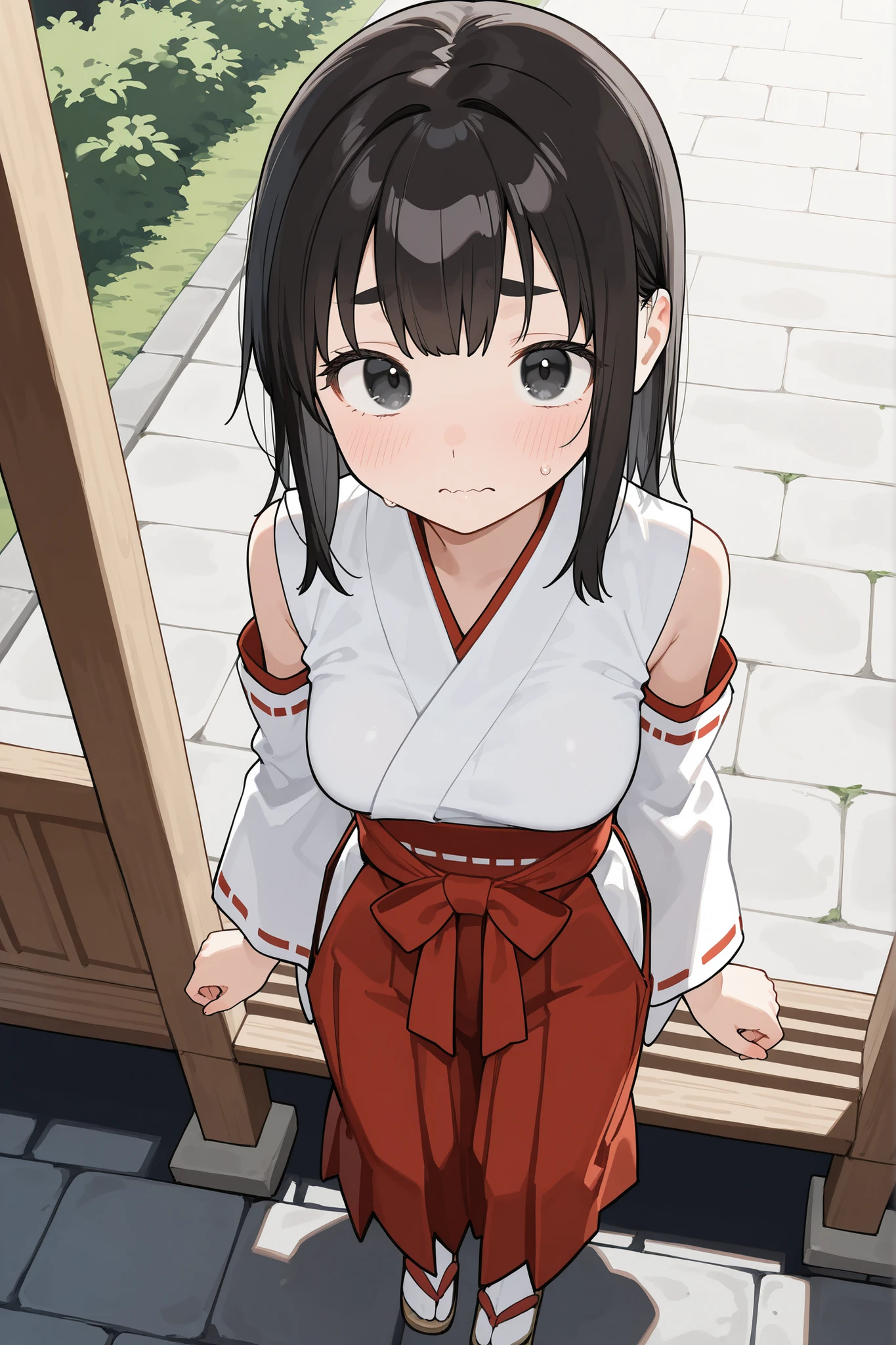 cute girl, schoolgirl, small girl, short girl, tween, (solo), (1girl), (alone), miko, white shirt, white detached sleeves, red trim, long skirt, hakama skirt, red skirt, (medium breasts), skinny, narrow waist, black hair, medium hair, double parted bangs, black eyes, thick eyebrows, standing, shy, wavy mouth, looking at viewer, from above, pov, outdoors, shinto shrine, stone floor, (masterpiece), (best quality), (amazing quality), (perfect eyes), (absurdres), ((perfect face)), ((beautiful face)), (very aesthetic),