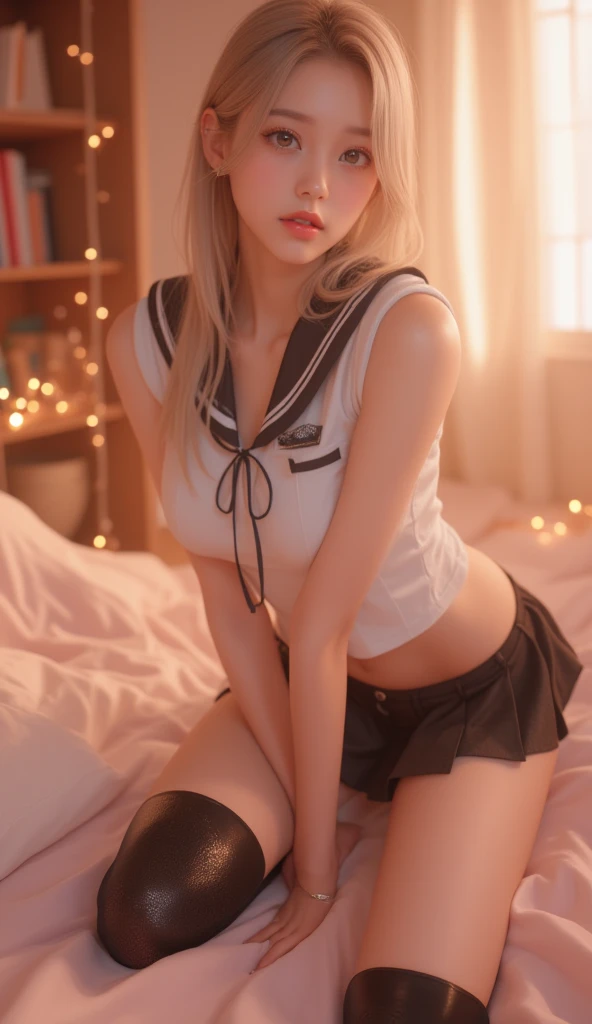 ((Blonde、himiko toga、White uniform shirt、Navy blue uniform skirt、cardigan、Red scarf、Dark eyeshadow、Dark eyeliner、Patsun、Twin tails、Bunhead、Thin eyebrows、Black socks、))、Browsing Caution、masterpiece、最high quality、high quality、grow、Beautiful poop、High resolution、非常にHigh resolution、RAW Photos、Best illustrations、hyper Realistic、One girl、Realistic、Ultra-detailed、Photorealistic、Unbelievably absurd、Close-up、Floating Hair、Soft Light、Cinema Lighting、Film Grain、Full Body Lesbian、Depth of written boundary、Blurred Background、ボケ Depth of written boundary:1.4、Eyes focus、85mm lens、Professional Lighting、Lens flare、Luminous Particles:0.6、Professional Writing、Portrait:0.6、Photon Mapping、Radio City、Physically Based Rendering、Japanese girl、sexual excitement:1.5、A vivid face、Realistic body、Realistic Skin、Big Breasts:1.3、Stylish、Camel Toe、Fair skin:1.1、cute:1.5