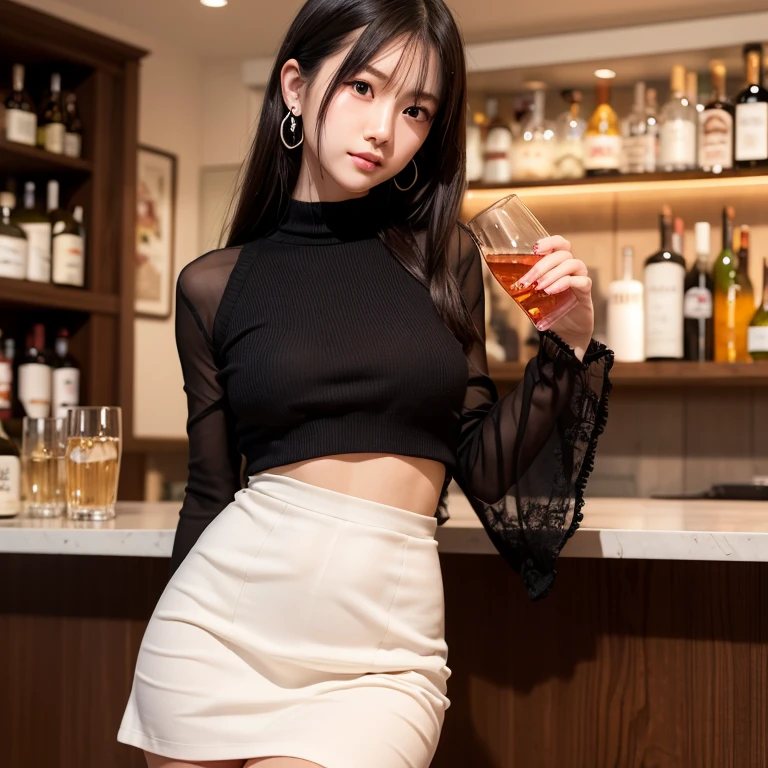 high-definition images, atmospheric perspective, 8k, super detail, accurate, best quality, angle from under the table, a woman, drooping eyes, sleepy face, blush, in the city, busy, skyscrapers, (skirt, show off her luxurious lacy panties, spread legs), high boots, necklace, restaurant with large windows, takes a seat, (other customers), night scene, windows have harbor view, (drinks, foods),