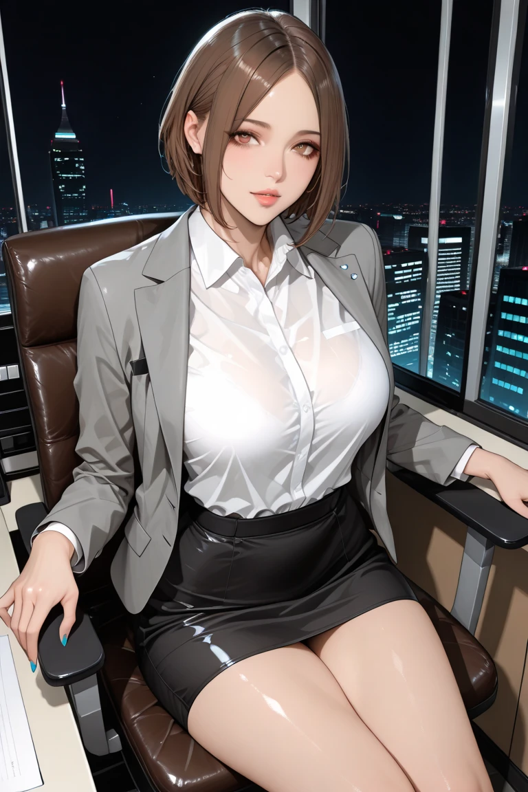 Nobara kugisaki,(solo), (Sensual lips),(one young woman),(young woman), ((Beautiful young woman)),((Big Breasts)),((to be able to see nipple)), ((wearing blazer and (body lingerie), Take off your pants :1.2)), (Wearing pantyhose),Bent body, (My breasts are about to pop out of my clothes), office, Dark Light, At night, (short hair),(high detail),,the highest quality,4k,masutepiece, High quality,(high detail),(Highest quality, 8k, 32k, masterpiece, (Ultra-high resolution: 1.2),((photograph))、Genuine photograph、((highest quality)),((High definition 8K )), ((highest quality)),, doctor'office,,, UHD, 32K,(Ultra-high resolution: 1.2),,(curvy body),(erect through;1.2),(erect nipples:1),,((facial wrinkles :1.2)),(((heavy makeup))),(detailed face :1.3),((Realistic skin texture)),((camletoe :1)),((pubic hair :1))