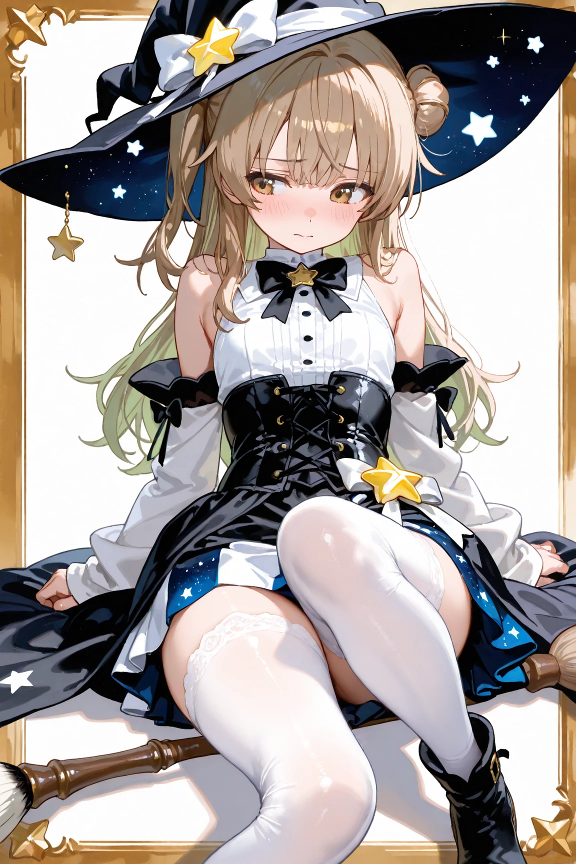 Best Quality, kirisame marisa, petite body, Staring at me in embarrassment, Thunderleg, lying on the bed, Sparkling eyes, small tits, kawaii, lift clothes