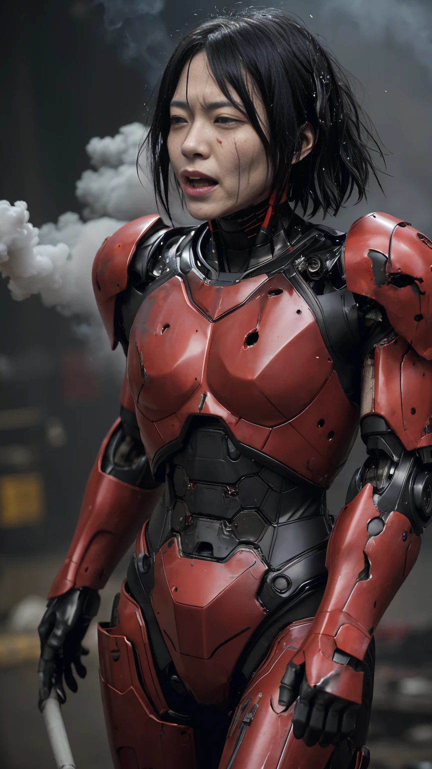 Rough skin, Very detailed, Advanced Details, high quality, 最high quality, High resolution, 1080P 、(Red Armor)(Wearing a damaged cyber suit...)Close-fitting headgear　gas mask)(Damaged Armor)Black Hair、、Chiquita、My hair is soaked、Open your mouth、Sweaty face、It hurts again、cute、Shot、Kindergarten girl　　(Steam coming out of the face) ((Steam from the body)) 　Touching the vagina　　look up　suffering　　Ahegao