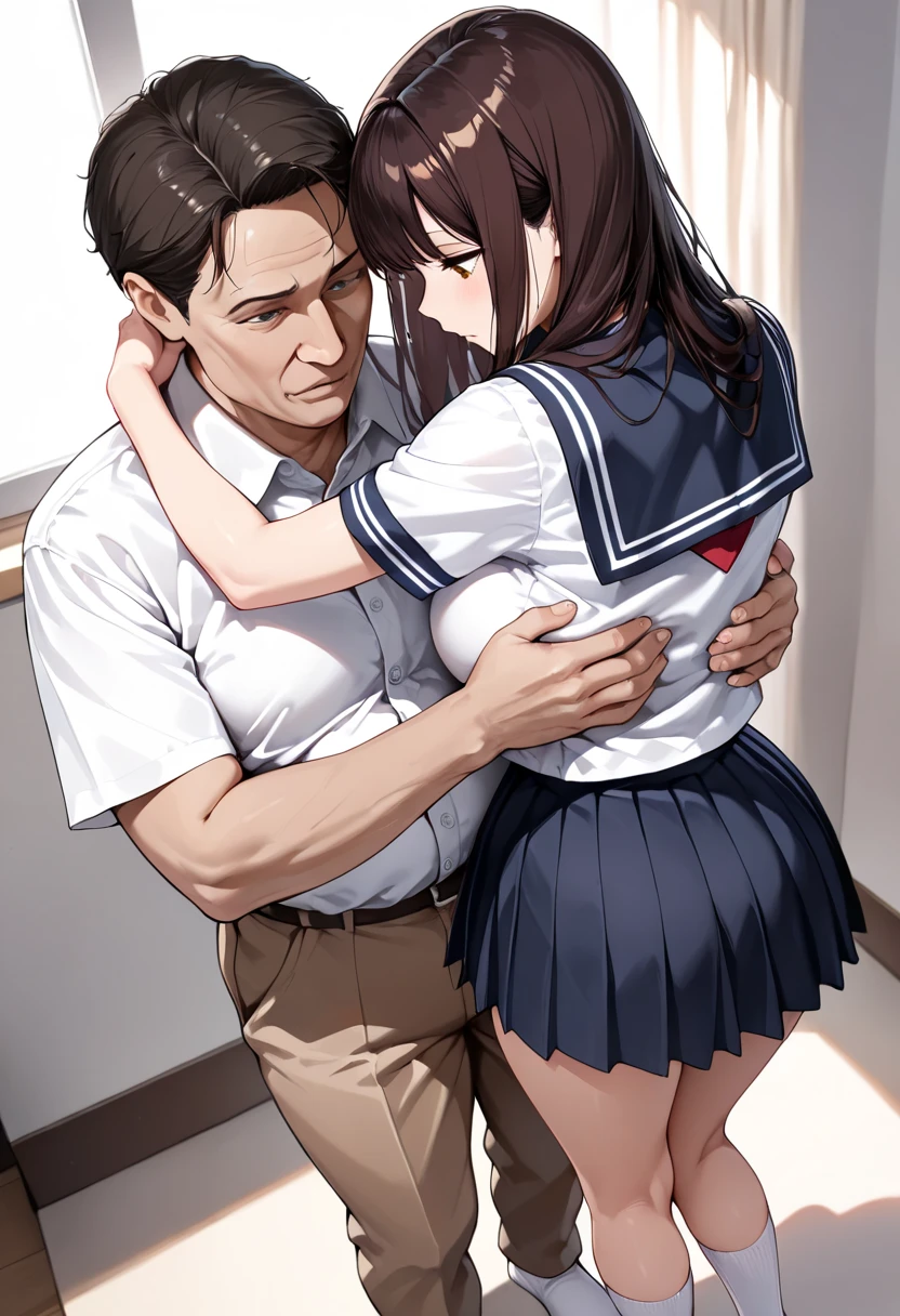 crowded train, girl as yukino yukinoshita, fat bald man hugging her from the front talking with mouth and lifting her legs, black sexy lingerie,, pubic hair visible, 40k, photo, masterpiece, best quality, dark grey background, (with one girl's immediately open legully open legs with big breasts, an elderly man leans on her from the front and picks her up and does different poses., Blushing, troubled eyebrows, rough breath, clenched teeth, burning face, heart pupils, sweaty, full body wet, black hair, long hair, knee bending, reluctance, watery eyes, big, soaked, small, slender, white shirt, tie, pants visible through short pleated skirt, slouch, slender, short pleated skirt, slouching, hands on chest, crotch open, lewd, kissing, hugging, tongue sucking, legs tangled around hips, cowboy shottouching breasts, hands on the crotch, breastapart