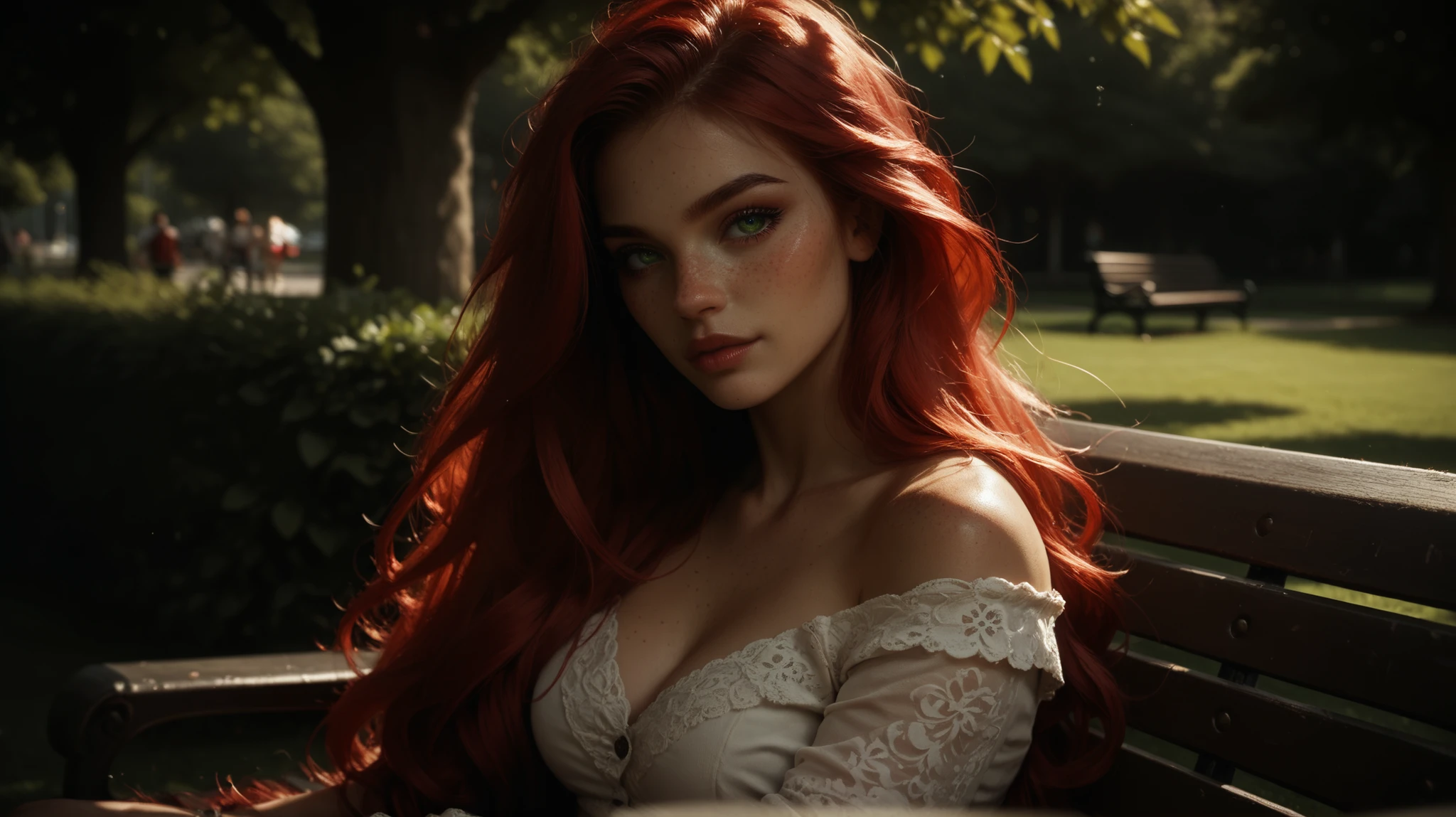 Beautiful girl, red hair, freckles all over her body, green eyes, long hair, lonely on a park bench, casual wear, gaze
