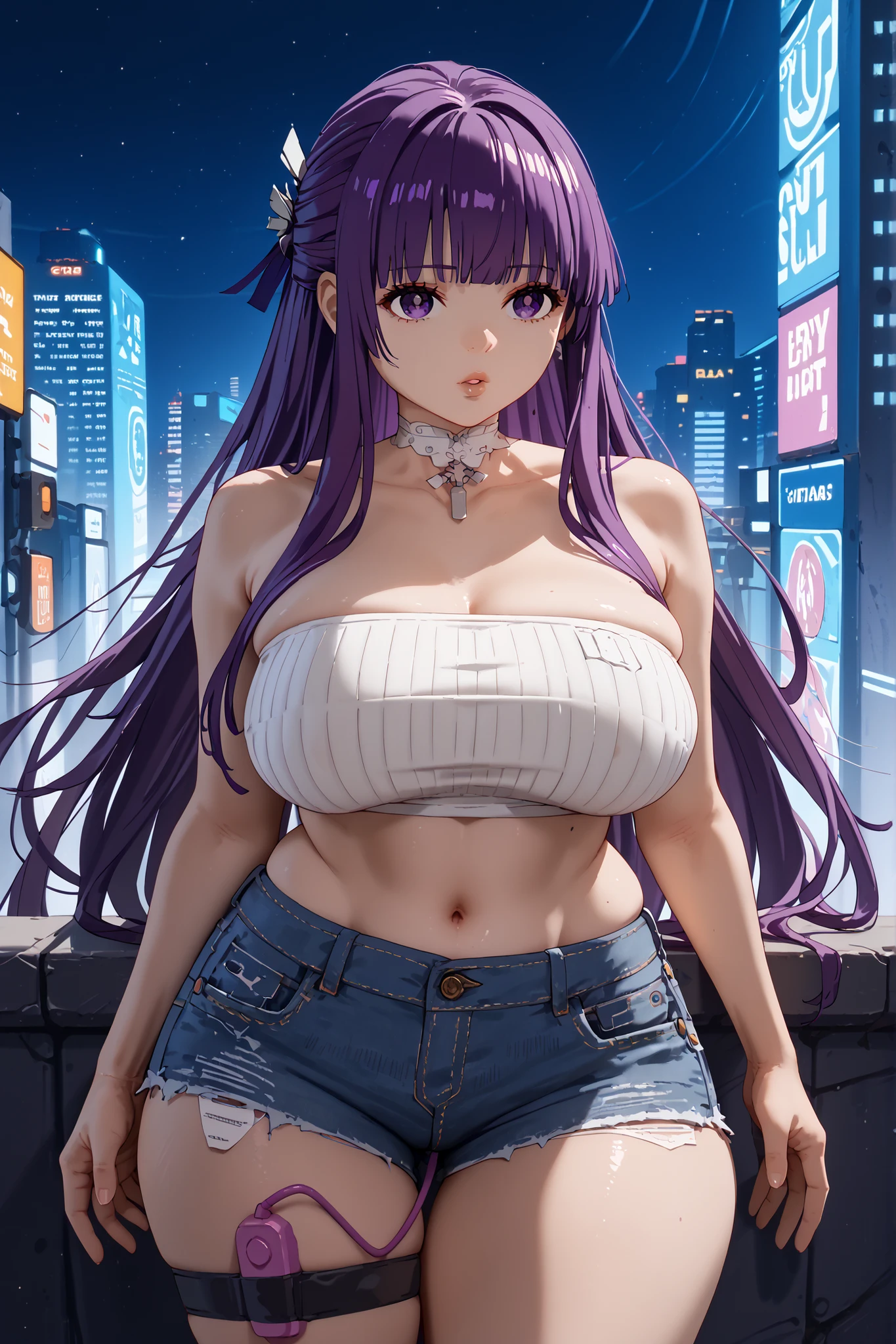 after being played in high definition、Highest Quality、fern((long hair, bangs, purple eyes, purple hair, half updo, big body 、Big Breasts、 big butt、tube top、Denim Shorts、Large Saggy Breasts、wide hips、A wide range of bodies、Slutty lips 、Fat、radiant skin、thigh strap、vibrator,、stand、perfect eye side by side))、 cyberpunk city at night、neon、asphalt、front shot、front view、