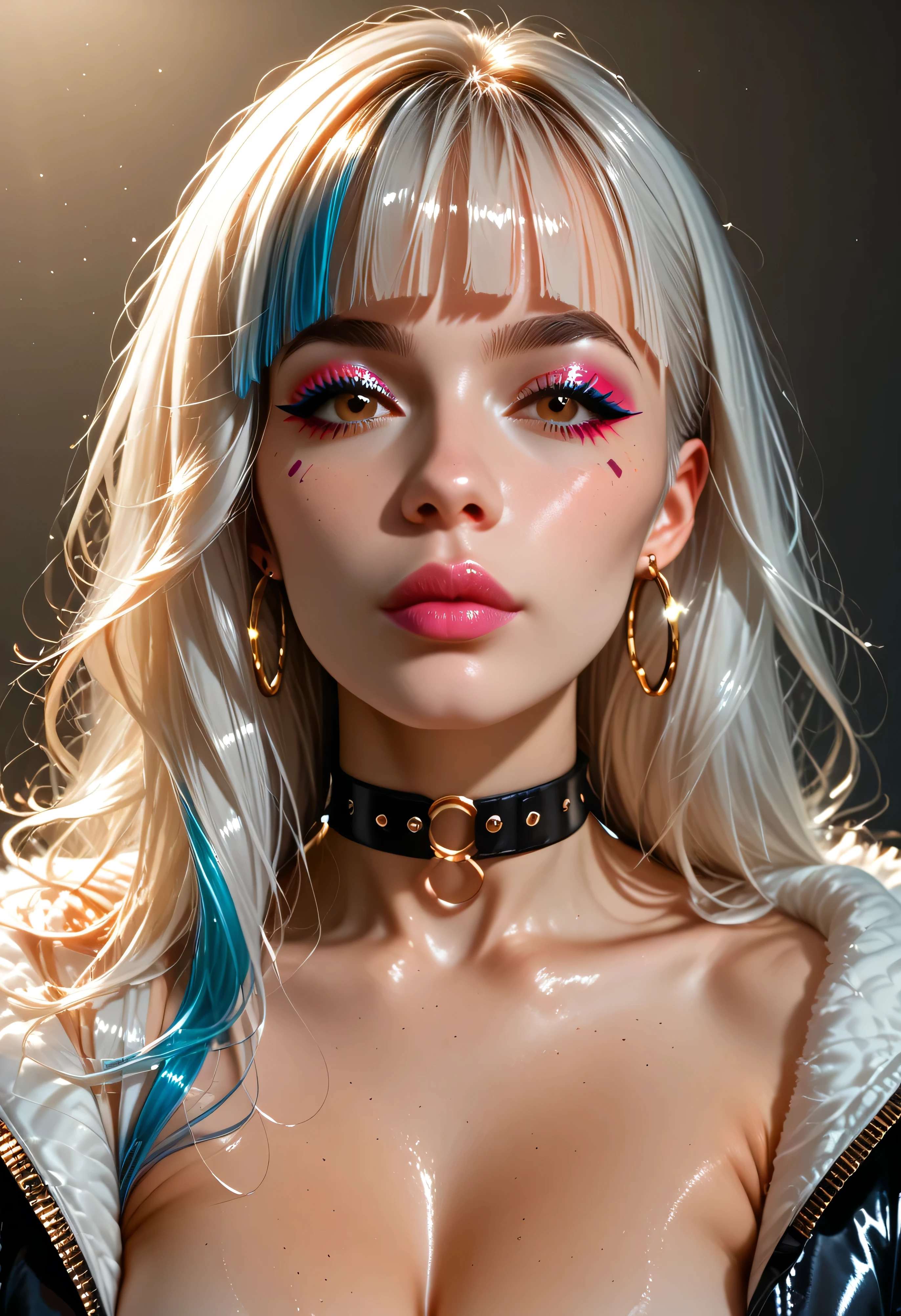 hyper-realistic detail, 8K resolution, ultra-sharp focus, dramatic shadows, cinematic lighting, high fashion aesthetic, dark background, glittering skin, platinum blonde hair, highly cinematic, ethereal glow, 8K, depth of field, focused subject, dynamic angle, sexy pose, best quality, detailed eyes, perfect eyes, realistic eyes, white hair with rainbow colours, long hair, rainbow highlights, blunt bangs, thick eyebrows, black eyebrows, brown eyes, mascara, makeup, pink lips, A stunning cyberpunk-inspired female character with a fierce attitude, wearing a stylish pink bralette and glossy high-waisted black leather pants with white side stripes. She poses confidently under dramatic studio lighting, her toned abs and athletic figure accentuated, styled in a high bun with soft bangs. She wears a silver bomber jacket, large hoop earrings, a bold "LUX" choker, and trendy white sunglasses perched on her head. Hyper-realistic detail, 8K resolution, ultra-sharp focus, dramatic shadows, cinematic lighting, high fashion aesthetic, dark background.