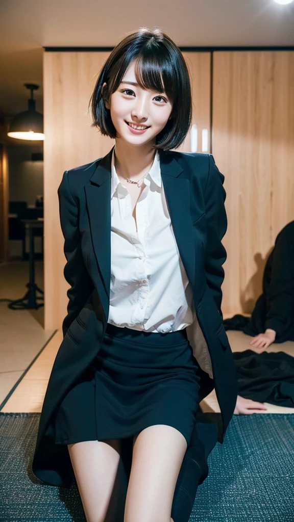 Sticking out tongue,leaning forward:1,bent over,Inside a suit shop,(The skin is wet from sweat),(Wearing a shirt:1.2),Suits lined up,(Put your hands forward),looking at the camera,Cleavage,smile,Skirt Lift、Lift your skirt with your hands,woman, 20-year-old, Short Hair、bangs、(Plain suit skirt),(White lace panties)、Cute earrings