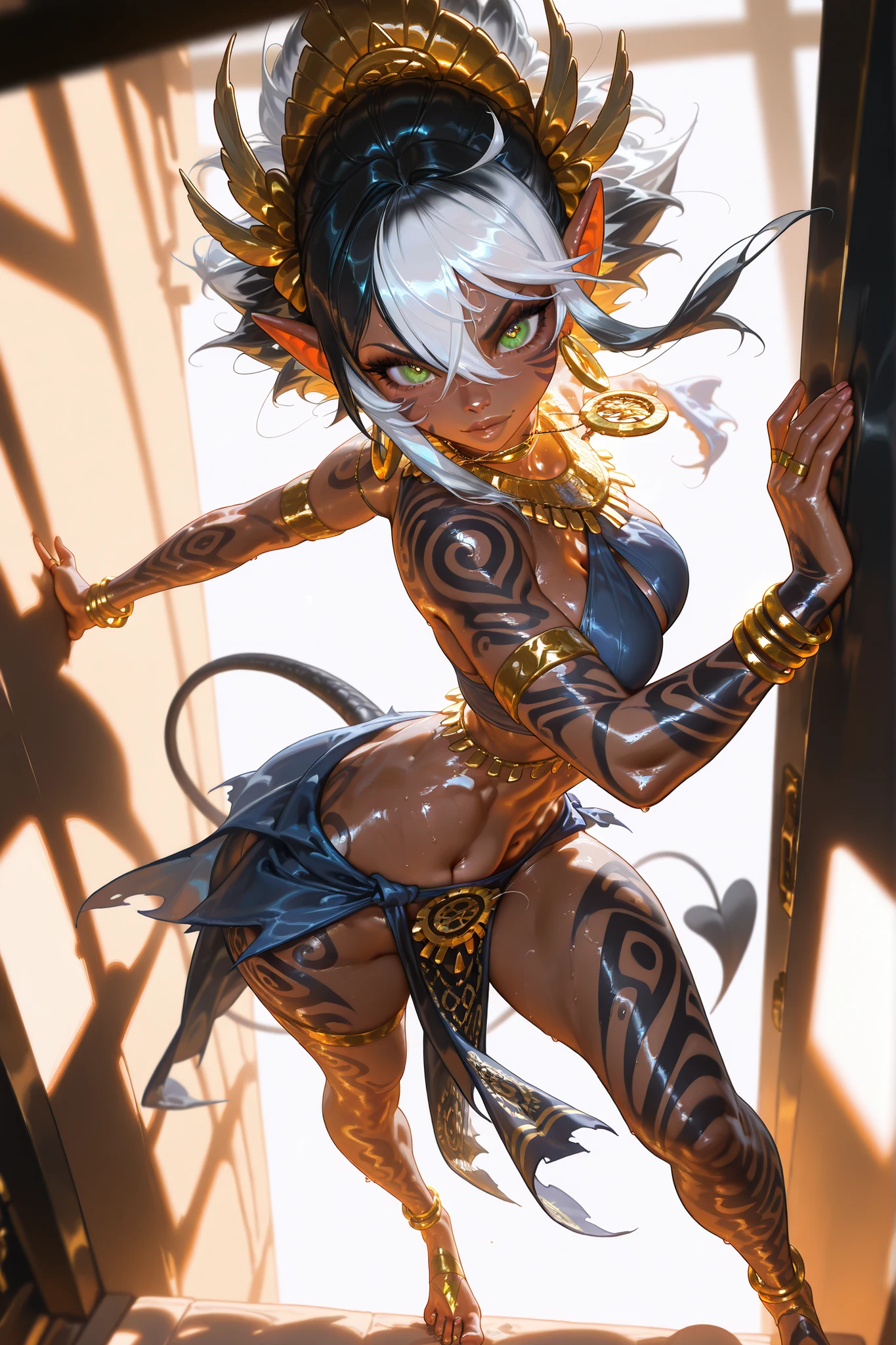 (tangobat:0.7),(Sakimichan:0.7),(High CT quality,4k,High resolution,main piece:2.3),(Very detailed,Realistic:1.37,Best quality,masterpiece, high resolution,on_body), (Tyndall effect,photorealistic, Edge lighting, Two-color lighting),(high definition skin:2.3), (8K UHD, DSLR quality, soft lighting, high quality, surround lighting, sincere, de 8K , 4K, 8K.) Pagan goddess of the ancient Aztecs. She is a petite goblin with wide hips, small breasts, and large, long, pointed ears. She has green eyes with narrow pupils. She has short black hair with white highlights, striped hair like a zebra-like. she has dark skin covered with body art and patterns made with colored paint. She is wearing a short top and a loincloth. There are rings on each finger, a lot of gold jewelry on her neck, and a lot of gold bracelets with gems on her feet and hands. She wears an Aztec feather crown on her head. She has a black tail with gold harpoon-like tip. the background: Aztec temple. jungle. The golden throne room.