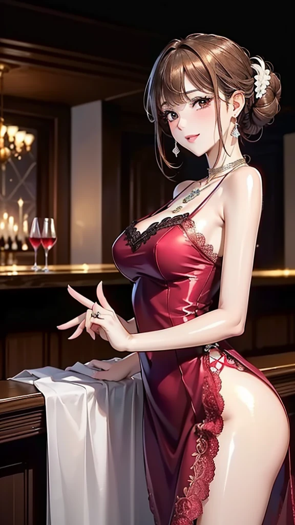 ((best quality)), ((masterpiece)), (detailed), perfect face, curvy woman, long black hair, red eyes, long crimson red dress with a leg slit, thick thighs and hips, sitting at table, holding wine in a glass cup, soft smile, sitting on chair, food on table, chandelier, dark skin woman, crimson red heels, crimson red silk gloves
