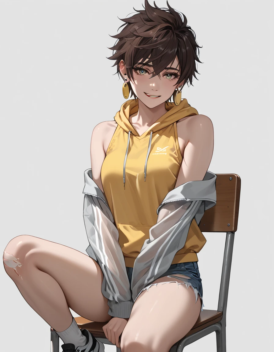 ((masterpiece)), (1 girl:2.0), (face extremely detailed, smiling), short haircut, brown hair, petite, (thin build), (a Japanese girl), ((Member of track and field team, long distance runner)), slightly round face, (tanned brown face:1.6), cute, big eyes, navy blue jersey with long sleeves, shorts, (muscular and thin thighs), (small breast)