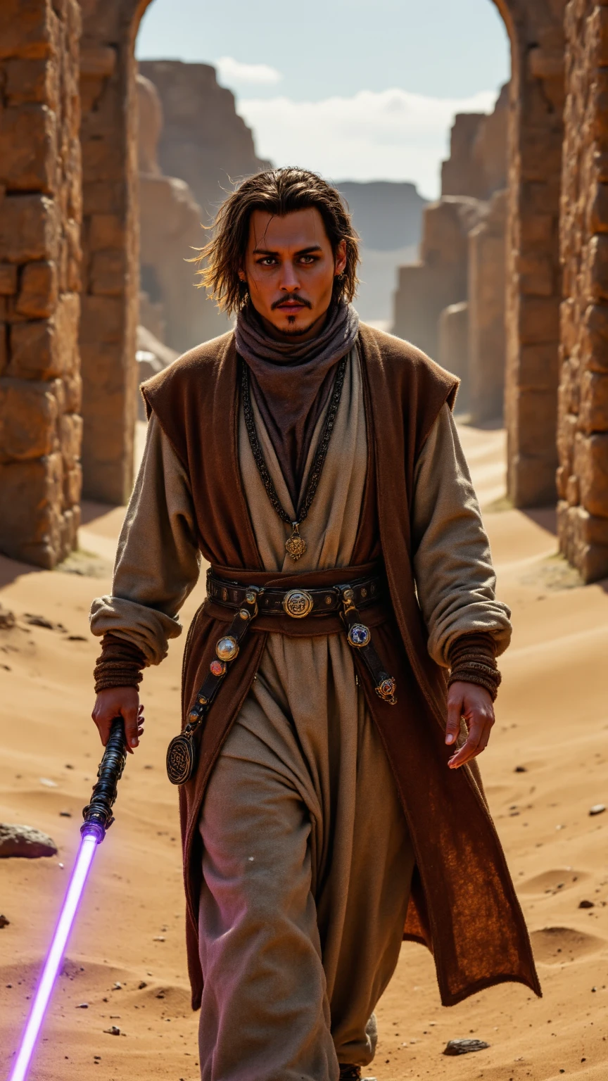 A male smuggler wearing a grey, white and yellow patterned robe with an elegant cloak.. has green eyes and looks friendly, has a brown parting haircut and a beard, carries a sword on his back and has a blaster on his belt
