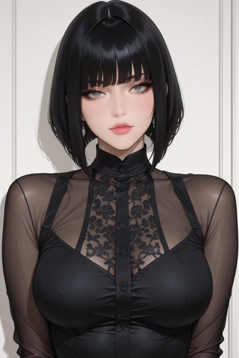 Pretty woman proportional to age, slim body extra large oppais short black hair with bob style bangs gothic makeup, perfect detailed 12k landscape photography fanart
