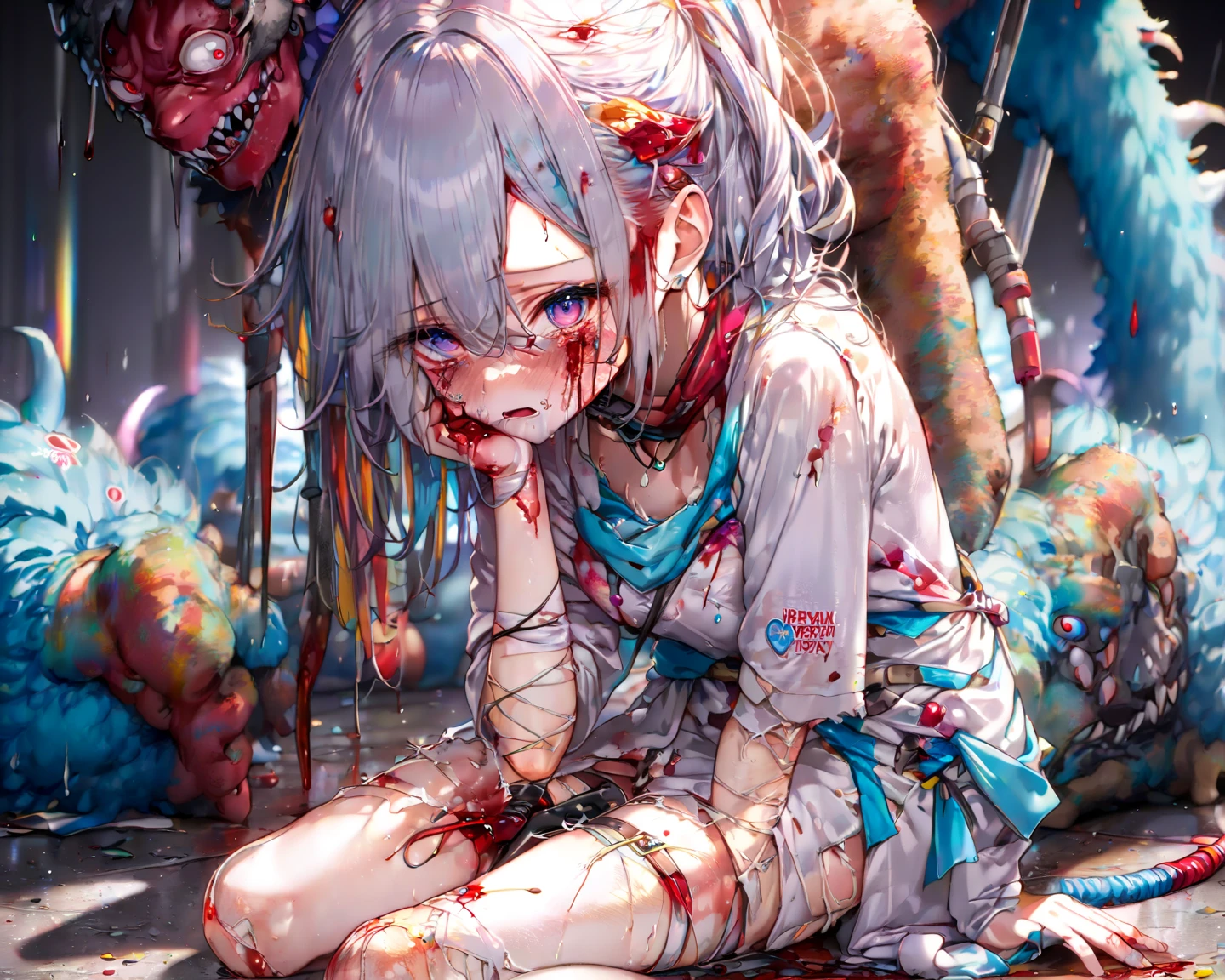 (best artist, best quality, best illustration), (best artist), (extremely detailed 8k CG unit wallpaper), (extremely detailed background), (butterflies around), (1girl) with long pink hair, (heterochromatic eyes) :1.5), (multicolored eyes:1.2), (blue+green:1.4), ((abandoned hospital background))0.6], she is looking at you, wearing (bloody clothes), ((a white robe with stains of blood, dirty with blood)), paper-white skin, rustic artistic cinematic horror cinema lighting, something scary [0.9], [Niji:5.2], [uplight]