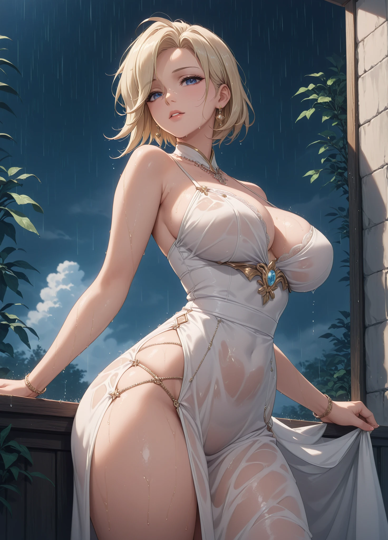 ((front view shot)), ((A very cute girl sitting on floor, and wearing a white silk extreme micro string, a loincloth of white silk string, in a beautiful park)),(( spread her legs)), ((open legs)), (((wet panties))), ((smug look)), ((wearing a white silk plunging open shirt: 1.5)), (((Huge breasts :1.4, and droopy breasts:1.5))), 8k, RAW photo, ((full body shot)), (highly detailed skin:1.2), (exposed:1.5), (exposed breasts:1.5), (exposed back:1.5), (exposed shoulders:1.1), (exposed crotch:1.5), photography, masterpiece, best quality, dark grey background, (a beautiful caucasian girl with beautiful blue eyes, gorgeous light blonde hair, white skin, Huge soft breasts and beautiful abs, ((blonde pubic hair)),Ultra-detailed face, ((Detailed eyes)),