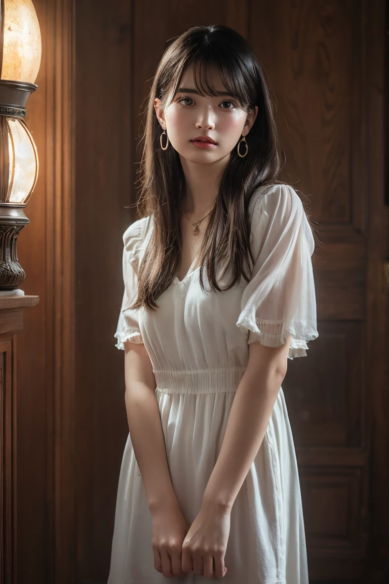 (Highest quality:1.4),(masterpiece:1.4),(Realistic:1.4),(Realistic:1.2),(超High resolution, RAW Photos:1.4),(High resolution, Ultra-detailed:1.2),(8K:1.2),View your viewers,Cinematic photography,a photo of a dark-haired,One girl,alone,((Lace dress,View from the front)),skeletally correct,(Western-style building interior,Dimly lit room,The lamplight shines on my cheeks)