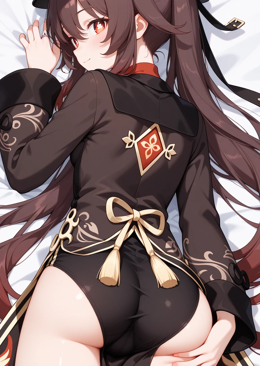 1girl, solo, large breasts, hutaodef, embarrassed, ;o, one eyes closed, on bed, lying, thigh gap, arm behind, knee, knee highs