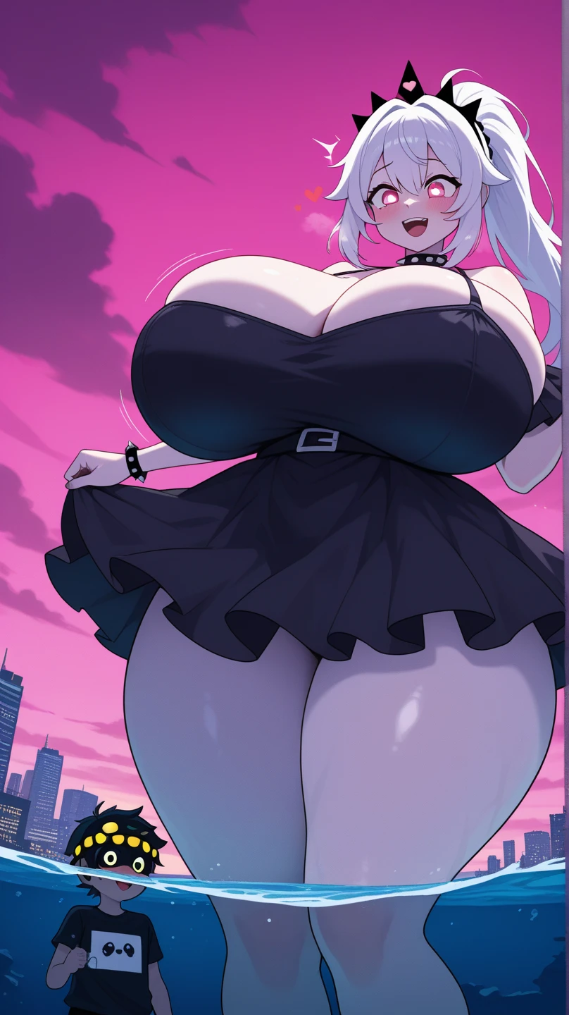 a girl crushing a mini skyscraper between breasts,(mini skyscraper between breasts:1),shrunk size,mini skyscraper destruction,indoors,lisa genshin impact,open mouth,steamy mouth,smooth hair,detailed face,(looking at mini skyscraper),milf,mature female,(jk huge tits),bursting breasts,black bunny suit,thighhighs