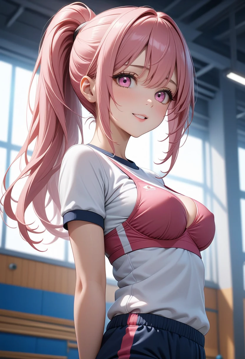 (8K, top-quality, masterpiece:1.2), (reallistic, Photorealsitic:1.37), Super Detail, One girl,), (Highly detailed), (beautifully detailed eyes), (of the highest quality), (super detailed ), (masterpiece), (Detailed face),20yr old, ,1 girl, ((pink hair,long hair)), medium breasts, clothed, Perfect Lighting, BREAK (blue buruma:1.5), (glossy sports bra, fuchsia:1.4), (white quarter socks:1.2), BRAKE (upperbody to thigh:1.3), (smile:1.2), (looking at viewer:1.1), (white background:1.1), BRAKE (wet:1.3)