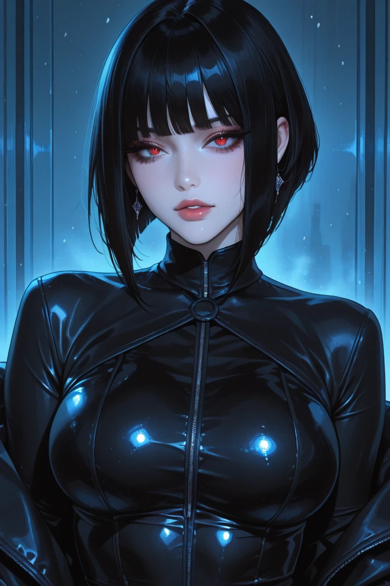 (digital painting),(best quality), masterpiece, 8k resolution, (dark mood background:1.4), dark fantasy,  anime girl, one girl, solo, beautiful girl, sexy, goth girl, pale skin, big breast, beautiful breasts, seducing, (yandere: 1.2), detailed lips, beautiful lips, red lips, big eyes, (red eyes:1.2), glowing eyes, (very detailed eyes:1.4), cute girl, short hair, black hair, crown, dramatic lighting, deep shadows, (wide angle lens distortion:1.2)