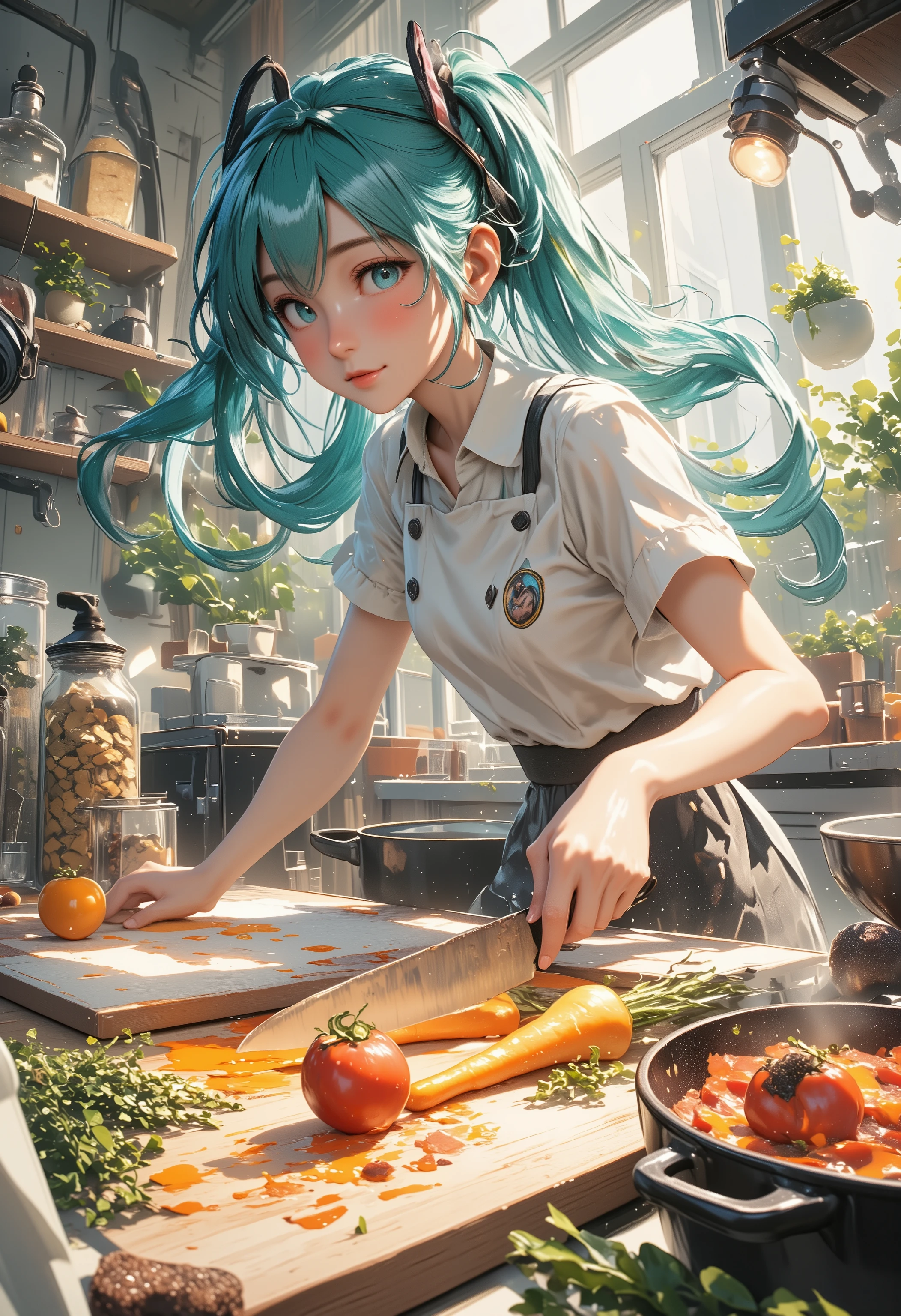 "Hatsune Miku slicing carrot with chef's knife (blade close-up), holding rolling tomato with left hand, wooden board scattered with herb bouquet and porcini, cast iron pot emitting thyme aroma, golden bread glow from oven, flour traces on fingers, cream arc from whipping mixer, moist dough reflection on kneading board, icing sugar powder in mid-air, glass jars filled with multicolor spices, light reflection on silver measuring spoon, water droplet trails on copper pot surface"
