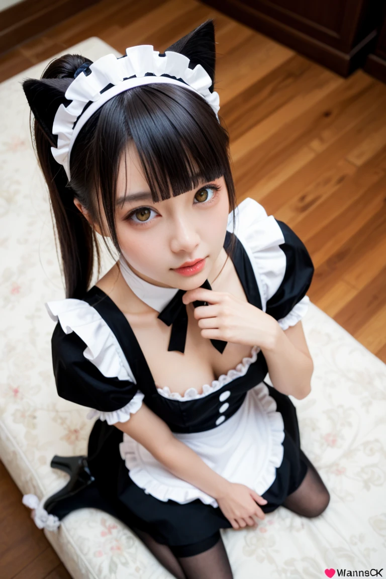 Detailed and complex,  (Perfect figure), Long legs, (Japanese girl), Long and straight hair in light color, (perfectly cute face:1.4), round face,  (very huge breast:1.5),  (Gothic Lolita maid costume), view from below, (all fours:1.2), high quality, highres, anatomically correct, (POV:1.25)