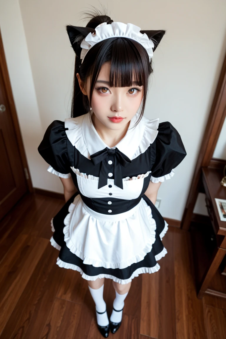 (Best-quality, Masterpiece, Ultra-High-Resolution, (Photorealistic:1.4), Raw Photo, depth of field, professional lighting, perfect anatomy, extremely details), (1girl, 15-years-old, the most famous Japanese idol, standing in luxury-hotel-room, ((cute-pose)), (innocent smile)), (((extremely cute and extremely pretty face))), ((((extremely cute and extremely big black-eyes)))), ((((extremely beautiful and extremely realistic skins)))), (((wearing childish-dress with cute-design):1.2))