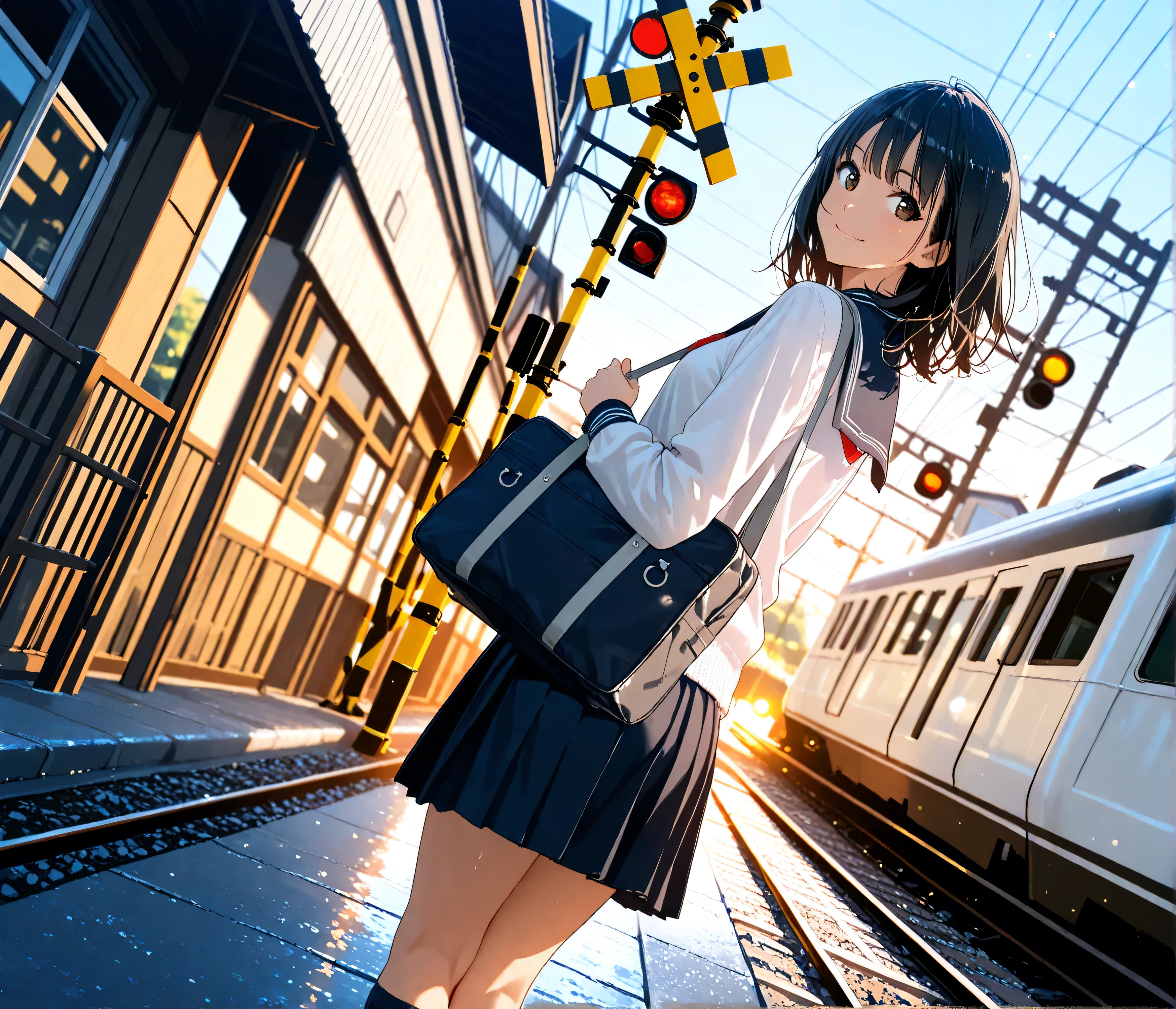{best quality}, {very aesthetic}, {ultra-detailed}, {best illustration}, {masterpiece}, detailed, nsfw, perfect anatomy, {1girl}, black hair, medium hair, feminine, female anatomy, ideal ratio body proportions, 8 heads tall , school uniform, shoulder bag, loafers, socks ,standing, smile, face focus, cowboy shot, looking back, dynamic angle, in town, day, in April, windy day, Railroad crossing, shiny sea, bokeh, blurry background, anime keyvisual,