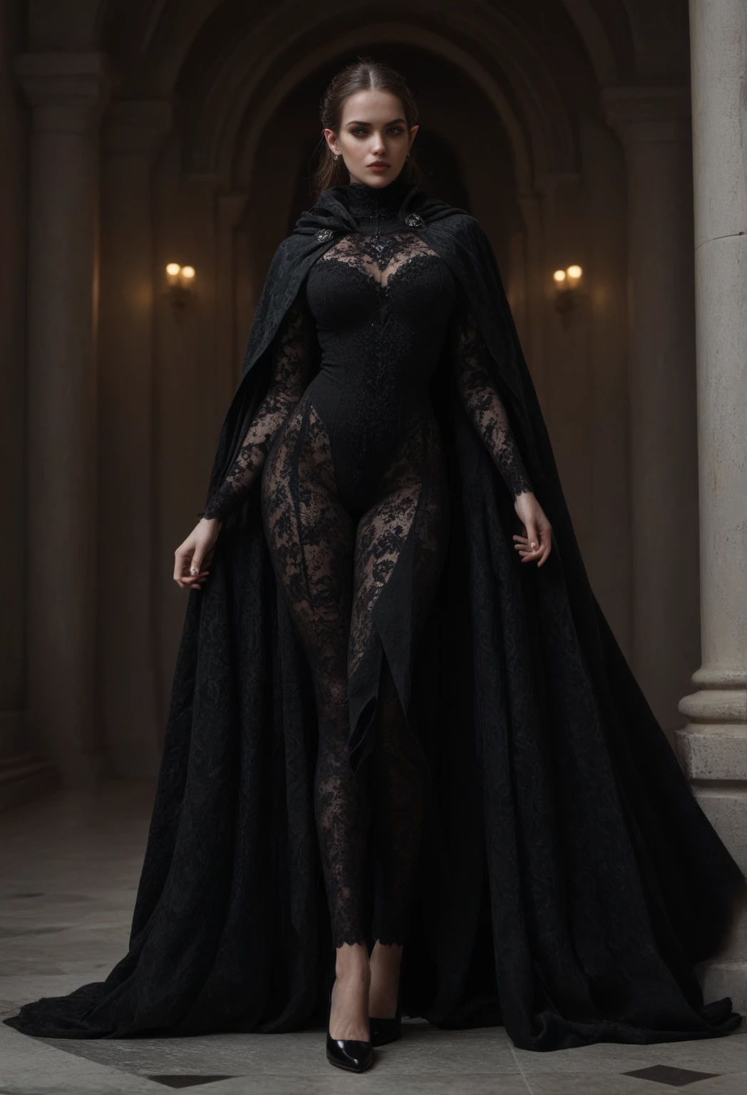 mature, evil, middle-age, long black hair and blue eyes, detailed face, beautiful face,cleavage, curvys, tall, chubby, dress with cape, desing with christian cross ,background in snow in prussia