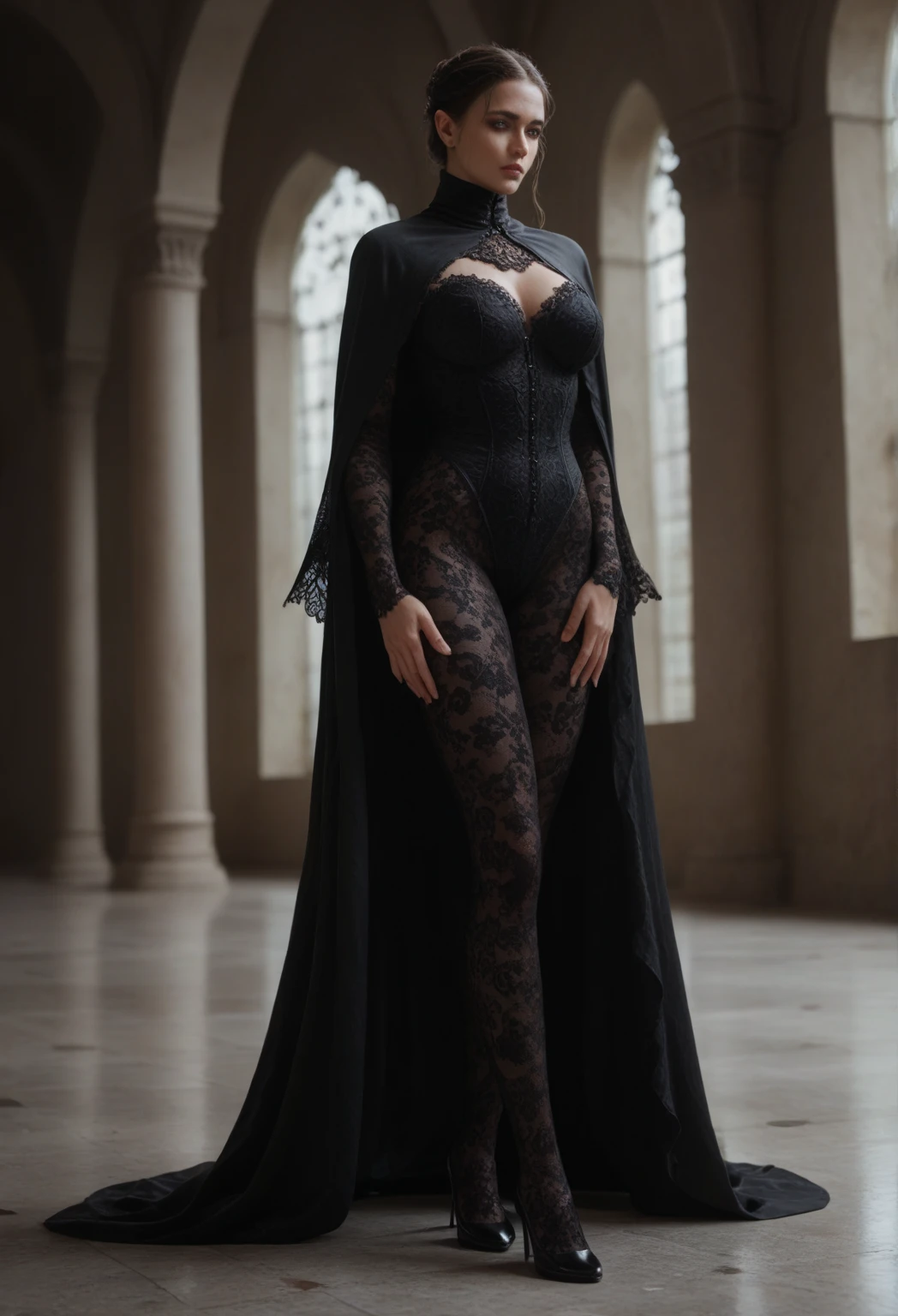 (((full image:1.5, show full body, standing:1.8, facing viewer, the front body facing directly to the front of camera, show body from head to toe))), huge breast:1.5, tall body, fit body, pale skin, ((standing perfectly)), a woman wearing black dress with armor(black armor, chest armor), long sleeves, show steel pauldrons, skirts, lace stockings, show heels, short hair with updo. knight, Princess knight, lady knight, knightess, medieval, fantasy. High quality:1.3, Professional lighting:2.0, realistic:1.2, 4k resolution, high resolution, detailed skin, finely detail, perfect details, masterpiece:1.1, centered image, centered focus camera view, balanced focus camera. Outdoor, bright sky, sunlight.